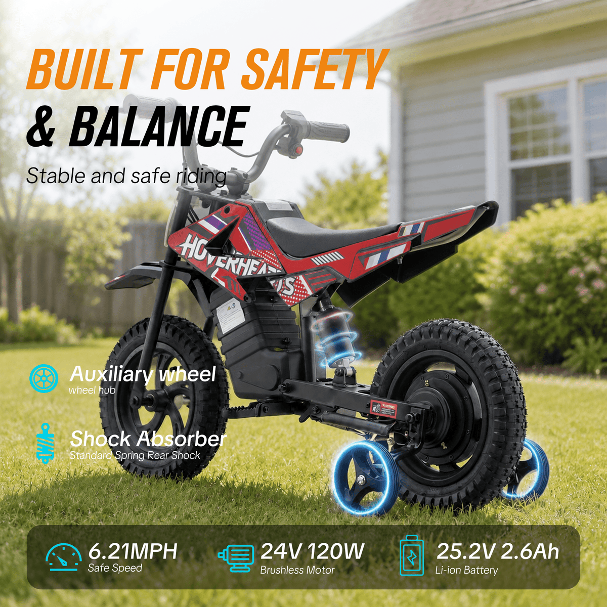 QEASET 24V Electric Mini Dirt Bike Ride-On Toy with Training Wheels, 120W Motor, 6.2 MPH Speed, Rechargeable Battery, Drum Brakes, Adjustable Seat, Outdoor Vehicle, Red