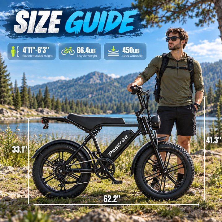 Pescroa Electric Bike for Adults, 750W Motor, 20"x4" Fat Tire, 28MPH Pedal-Assist Mode, E Mountain Bike, 48V/15AH , Tested to UL2849 Standard by SGS