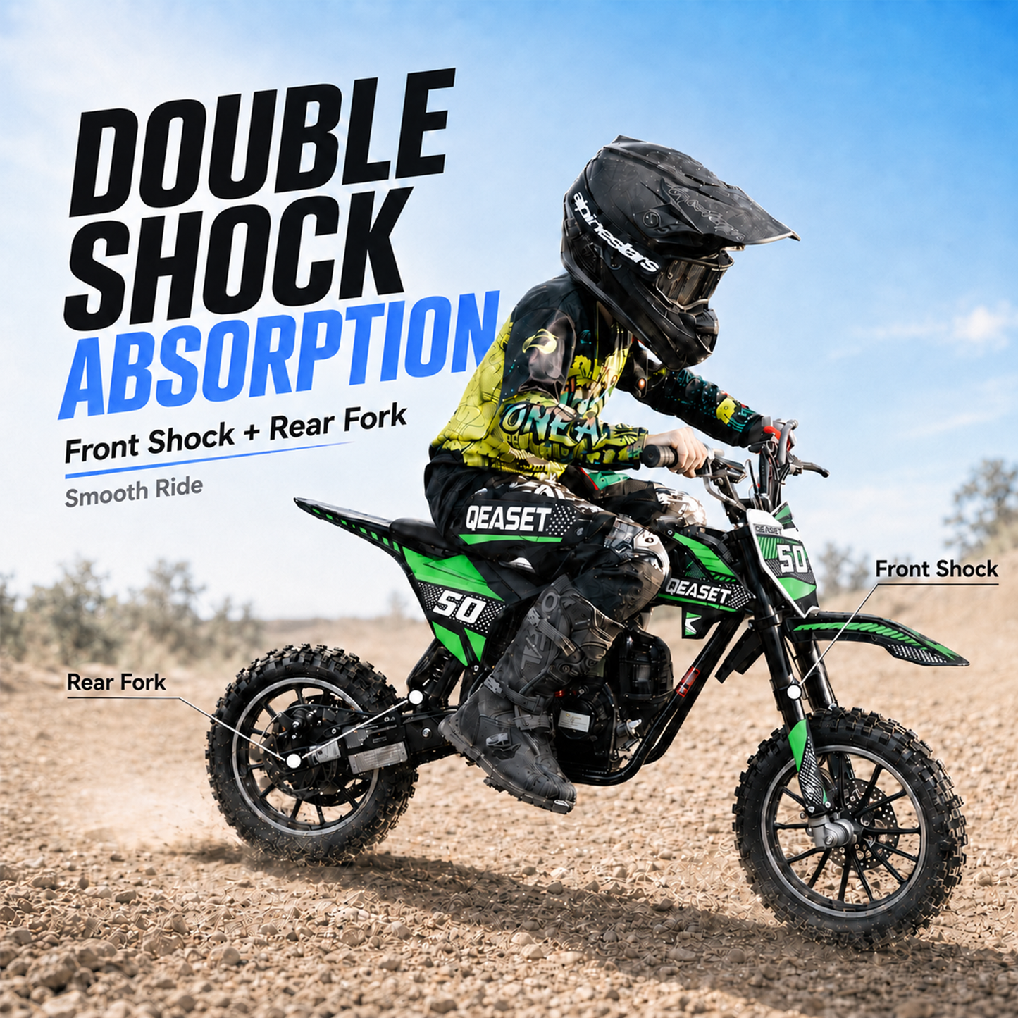 QEASET Mini Gas Powered Ride-On Motorcycle, 39CC 4-Stroke Engine with Disc Brakes, 20 MPH Top Speed, 6.3" Ground Clearance, Supports Up to 165 lbs, Minimal Assembly, Green