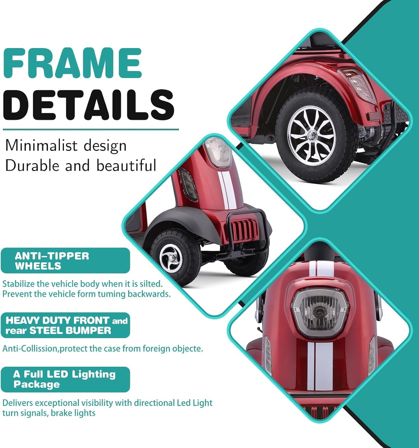 Aoemoe 4-Wheel Mobility Scooter, Electric Heavy Duty Wheelchair, 500 Lb Limit, Red