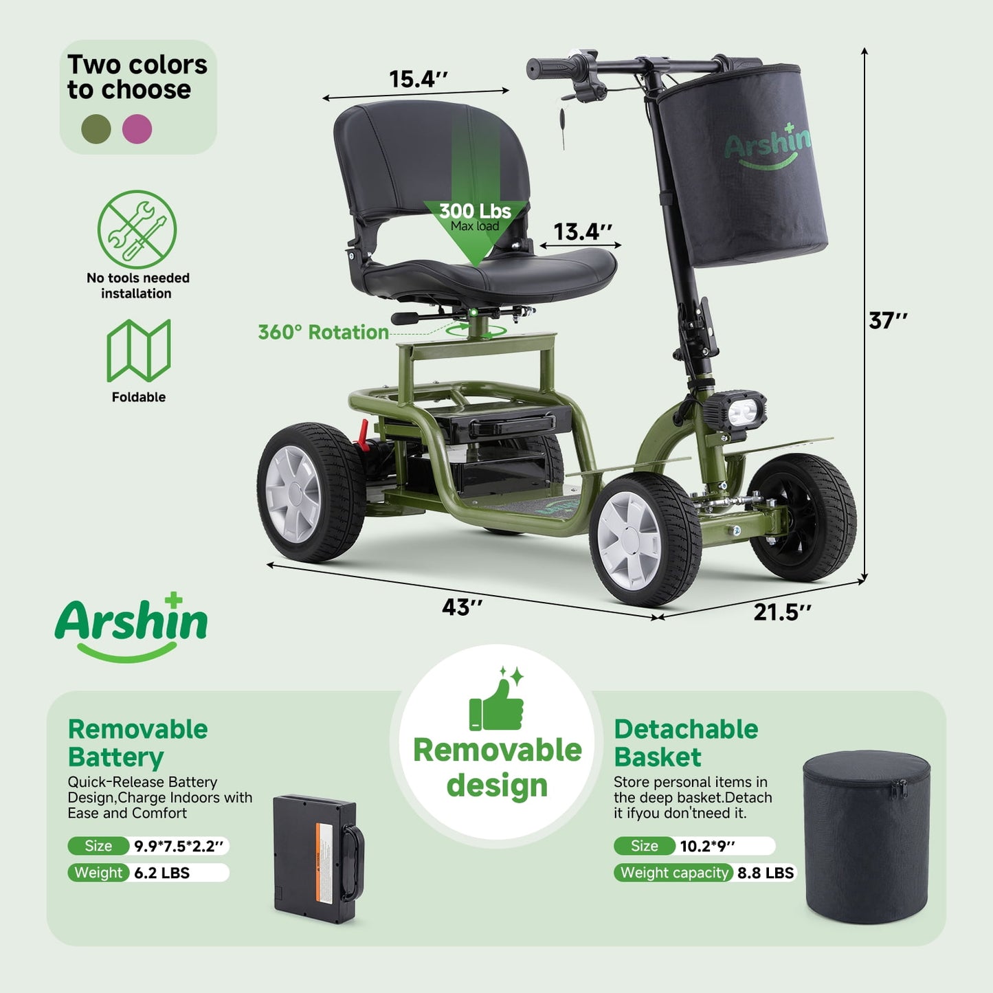 Arshin Mobility Scooter for Seniors & Adults,24V 250W Lightweight Foldable,300 lbs Capacity,Adjustable Speed(Green)