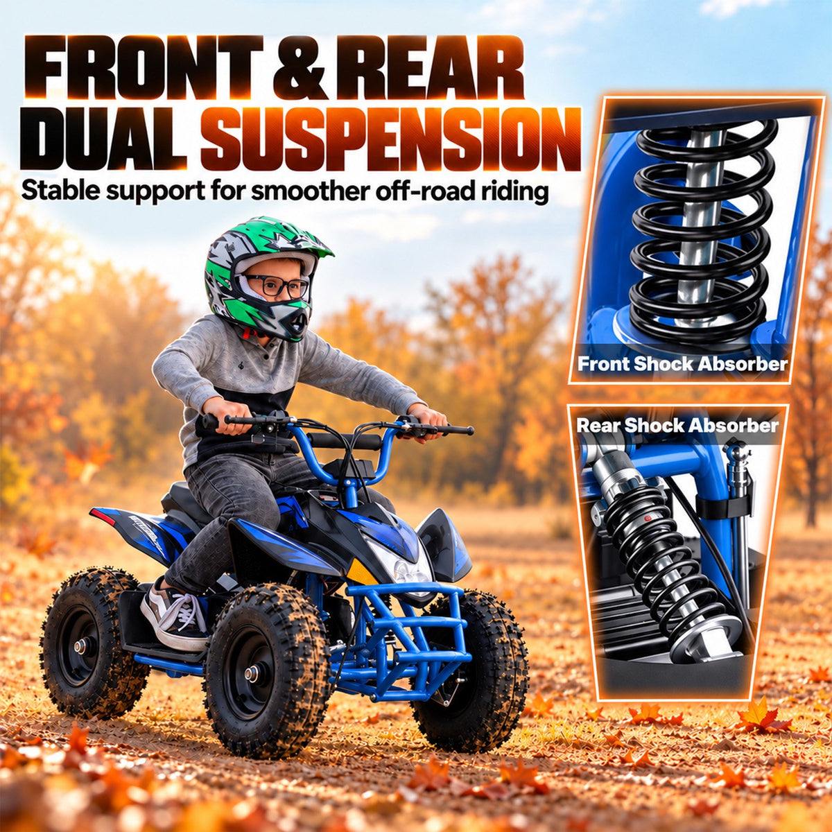 IVFJFV Powered 4 Wheeler,500W Electric 4 Wheeler with Dual Speed Adjustment,36V Four Wheeler Max 15 MPH, Front & Rear Shock Absorbers, All-Terrain Tires and Safety Disc Brake,BLUE