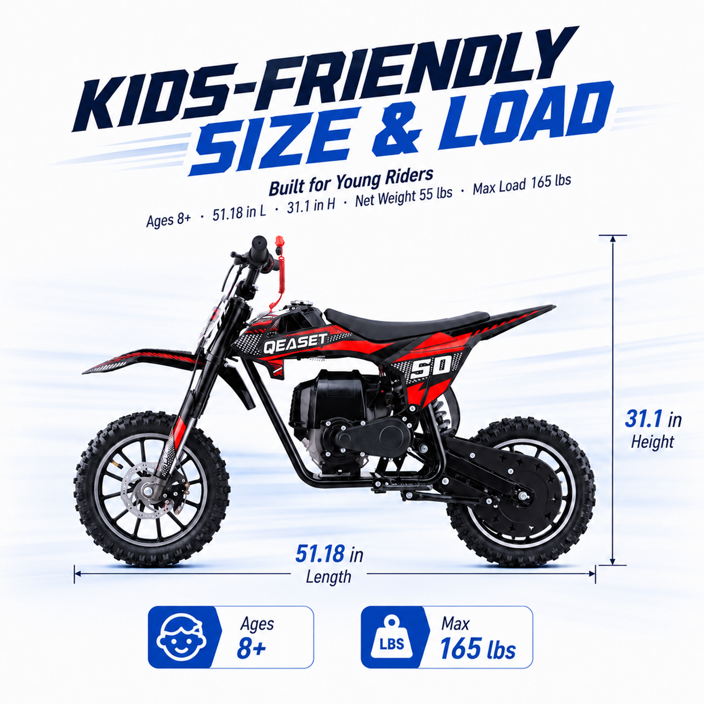 QEASET Mini Gas Powered Ride-On Motorcycle, 39CC 4-Stroke Engine with Disc Brakes, 20 MPH Top Speed, 6.3" Ground Clearance, Supports Up to 165 lbs, Minimal Assembly, Red