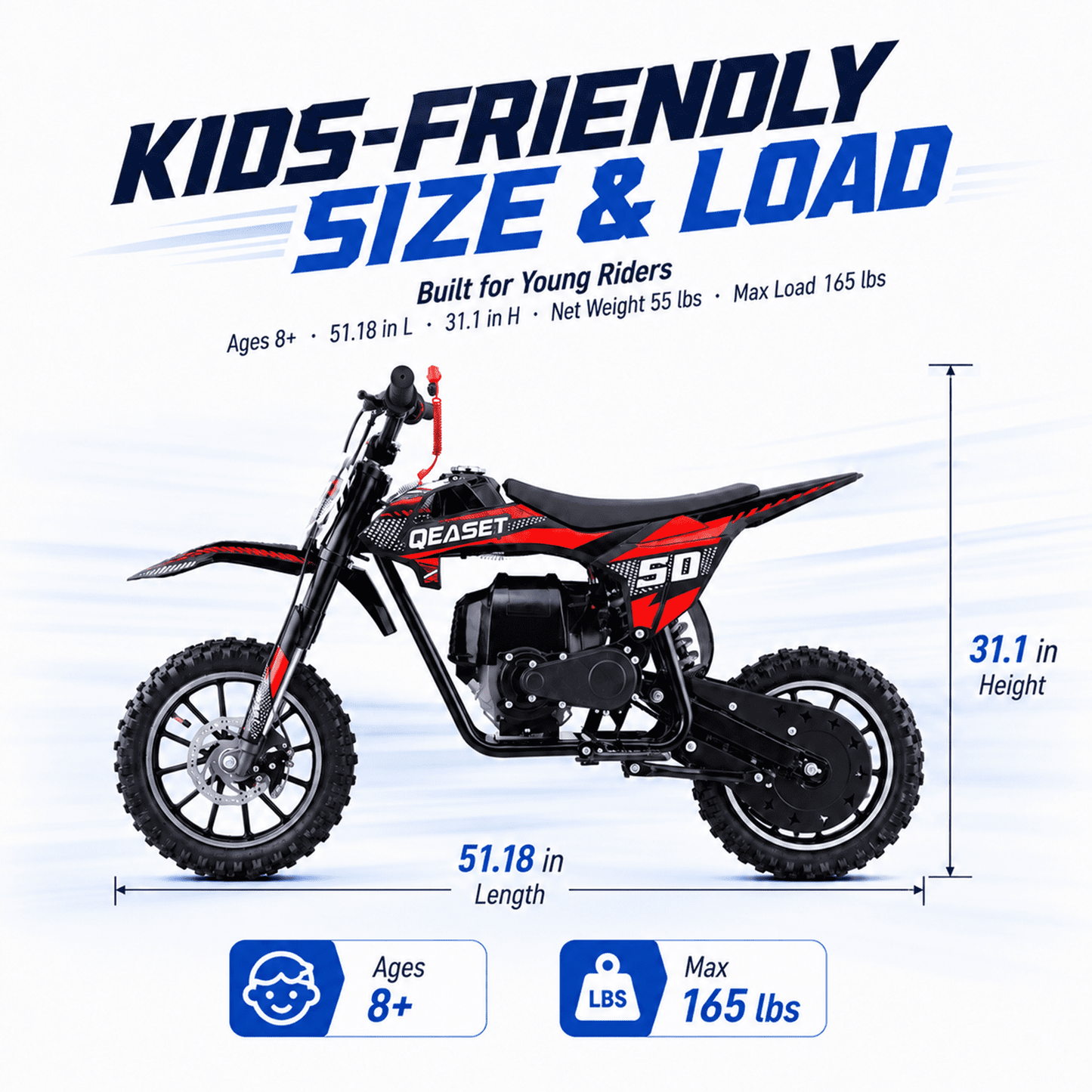 QEASET Mini Gas Powered Ride-On Motorcycle, 39CC 4-Stroke Engine with Disc Brakes, 20 MPH Top Speed, 6.3" Ground Clearance, Supports Up to 165 lbs, Minimal Assembly, Red