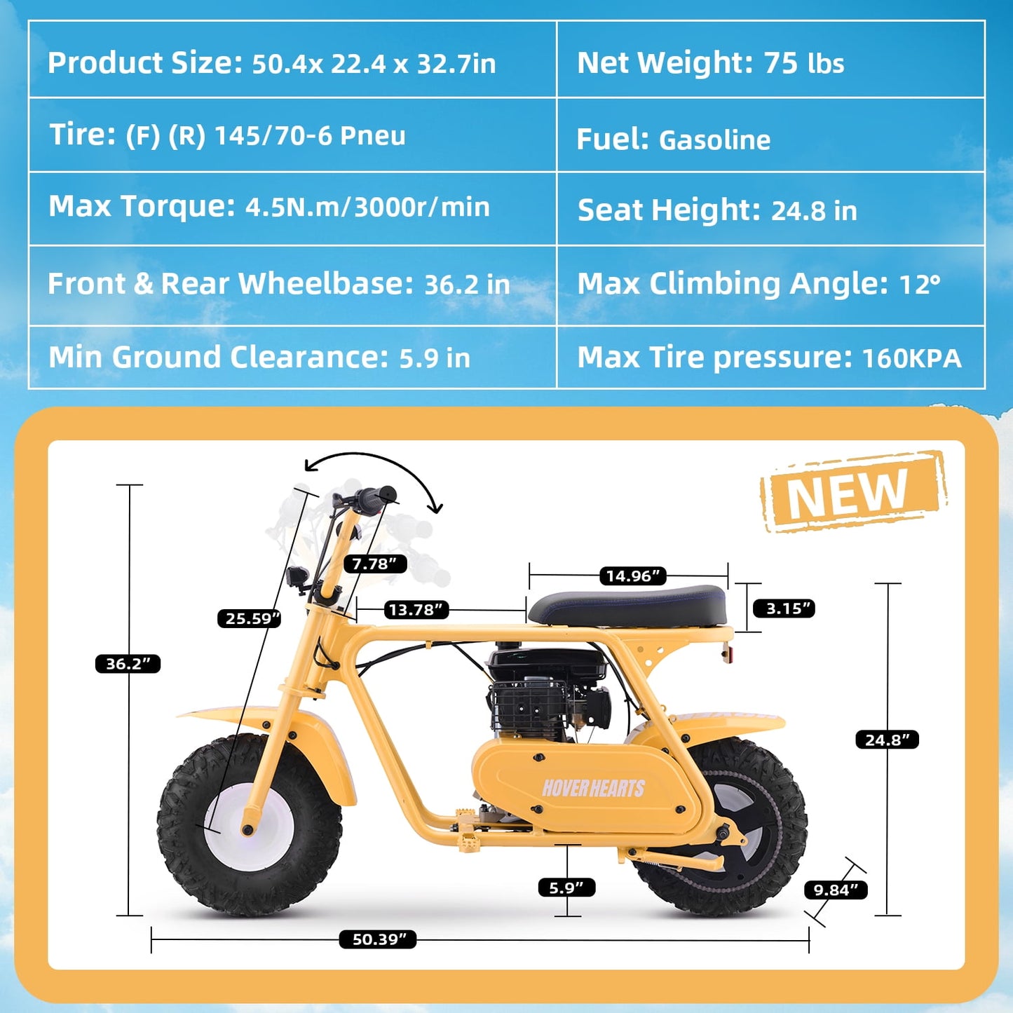 HOVERHEART Gas Mountain Bike, 105cc 4-Stroke Gas Powered Off Road Motorcycle (Model-MB0001) with Led Lights, Disc Brake, Max Load 200Lbs, Up to 30Kph, NO OIL MIX REQUIRED