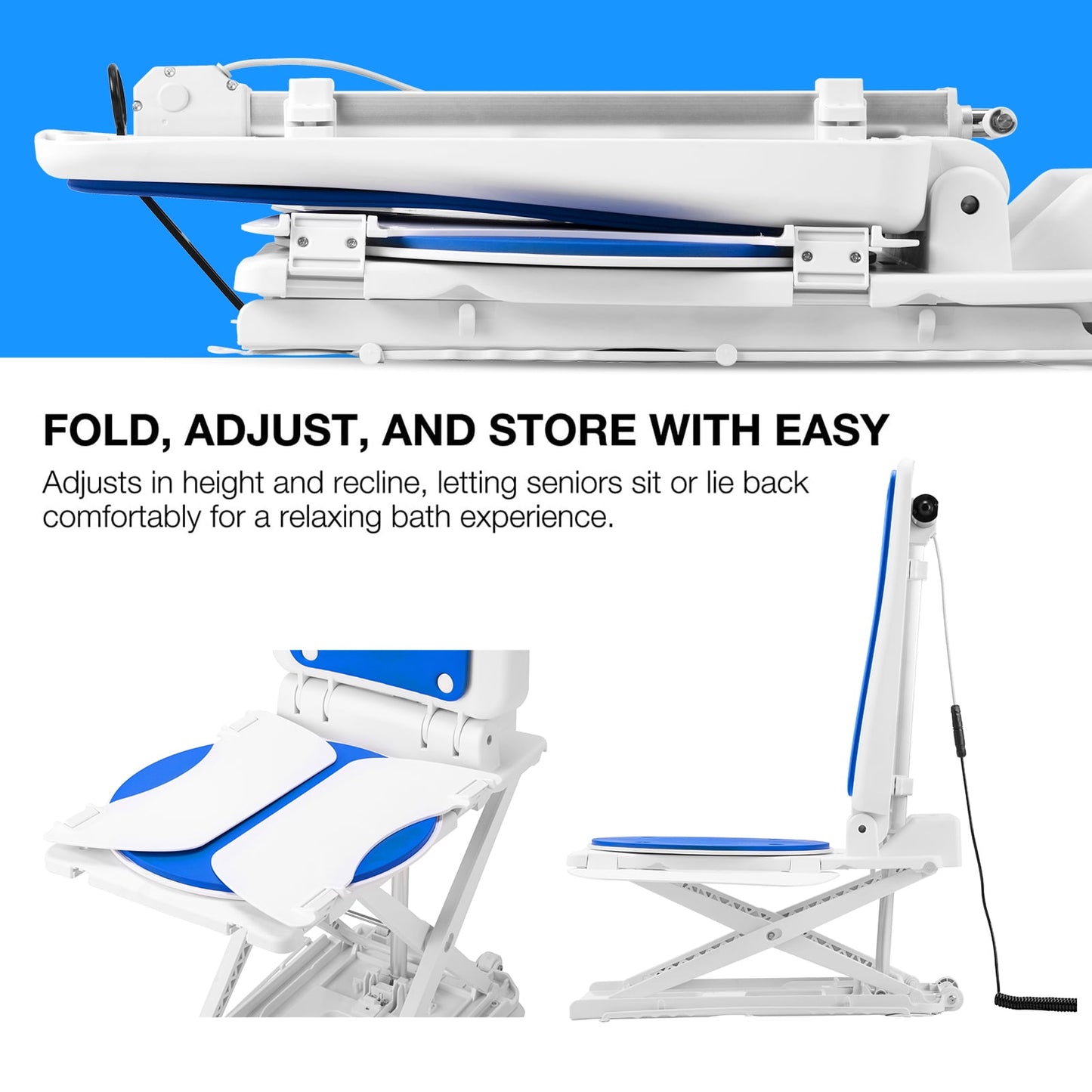Aoemoe Electric Bath Lift Chair with Backrest and EVA Padding, Adjustable Height & Recline, Battery-Operated with Remote Control, IP68 Waterproof Floor Lift for the Elderly and Disabled, 308 lbs Capacity