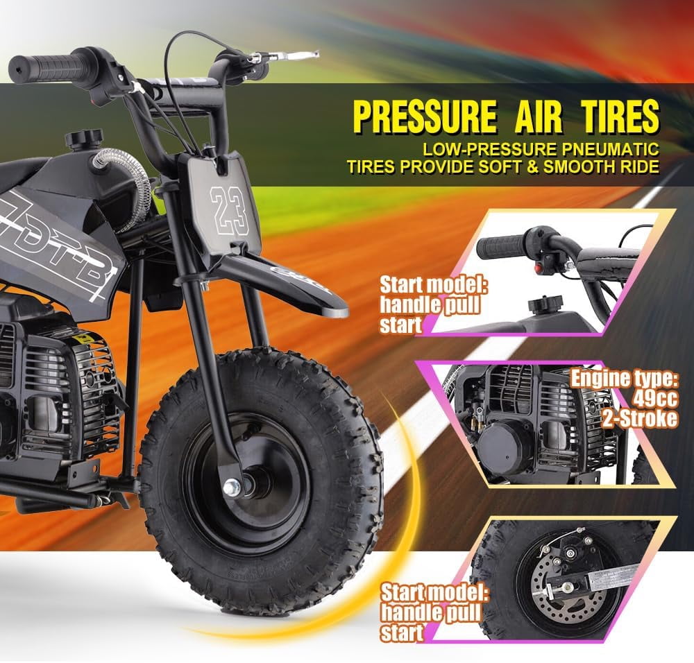 Aoemoe Mini Kid Dirt Bike, 49 CC 2-Stroke Gas Bike with Off-Rode Tire, Suspensions, Disc Brakes, Max Load 160Lbs, Up to 20Mph, EPA Approved