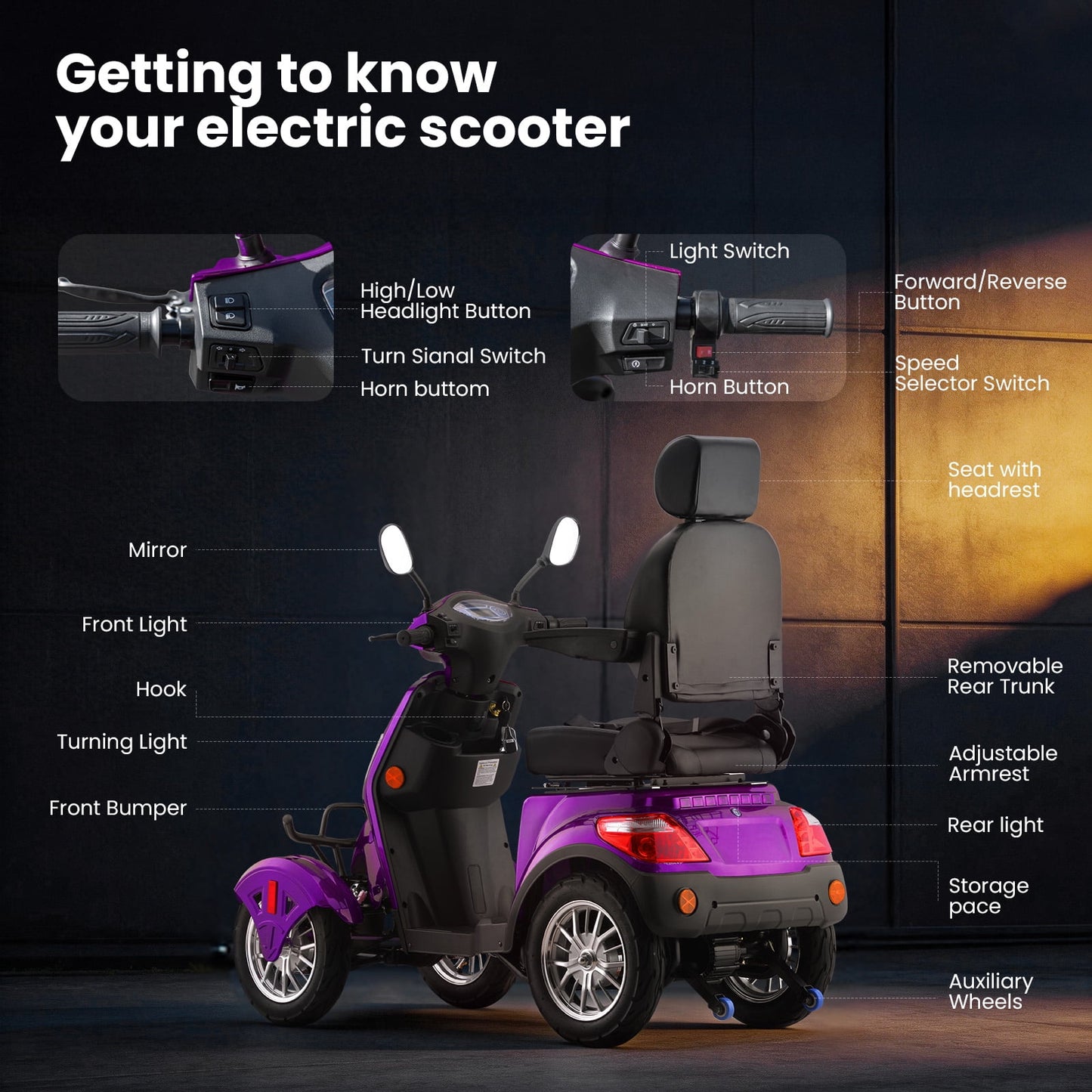 Arshin Mobility Scooters for Seniors & Adults,500lbs Capacity Heavy Duty Electric Mobility Scooters with 4 Wheels,800W Long Range Battery and Speed Adjust Medical Scooter(Purple)