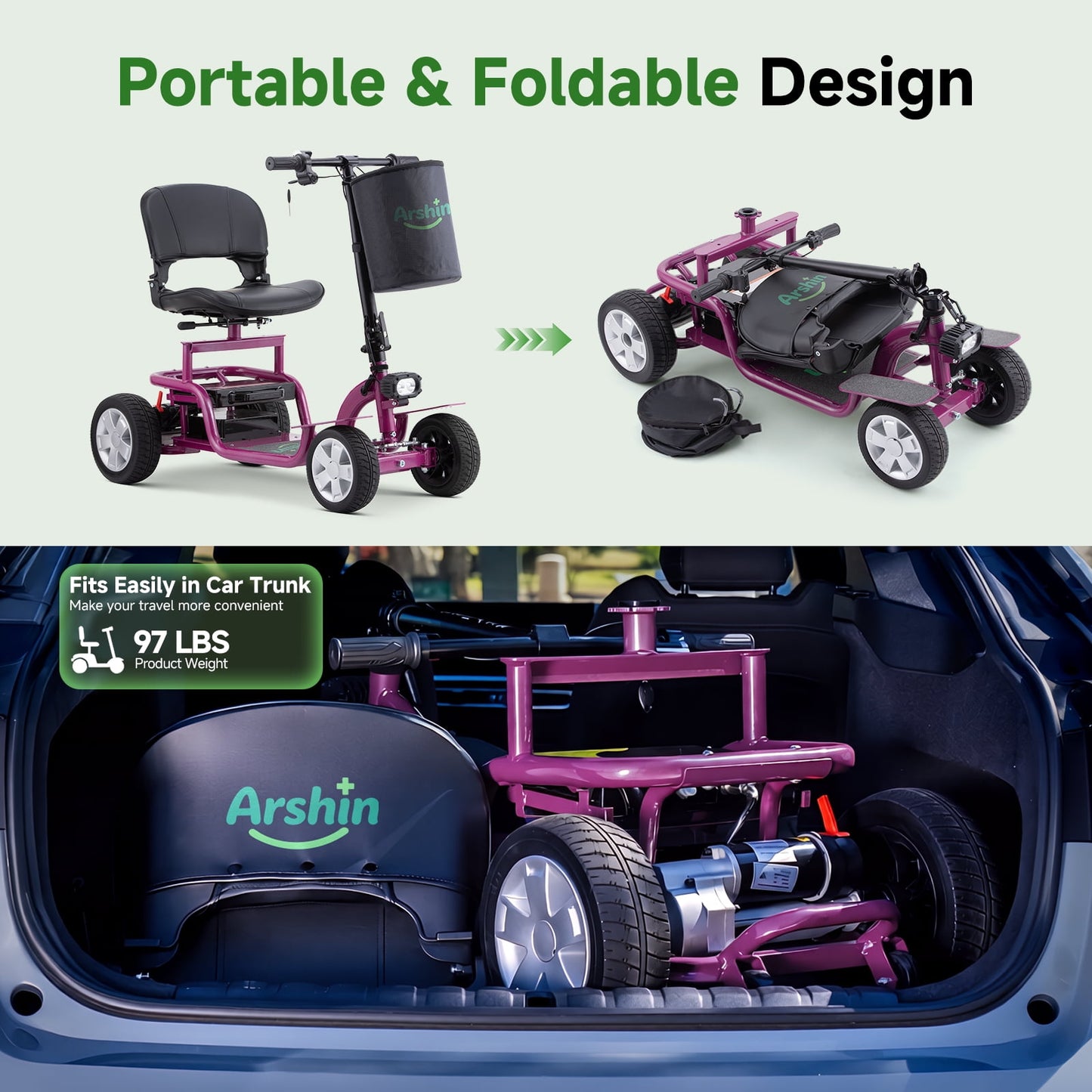 Arshin Mobility Scooter for Seniors & Adults,24V 250W Lightweight Foldable,300 lbs Capacity,Adjustable Speed(Purple)