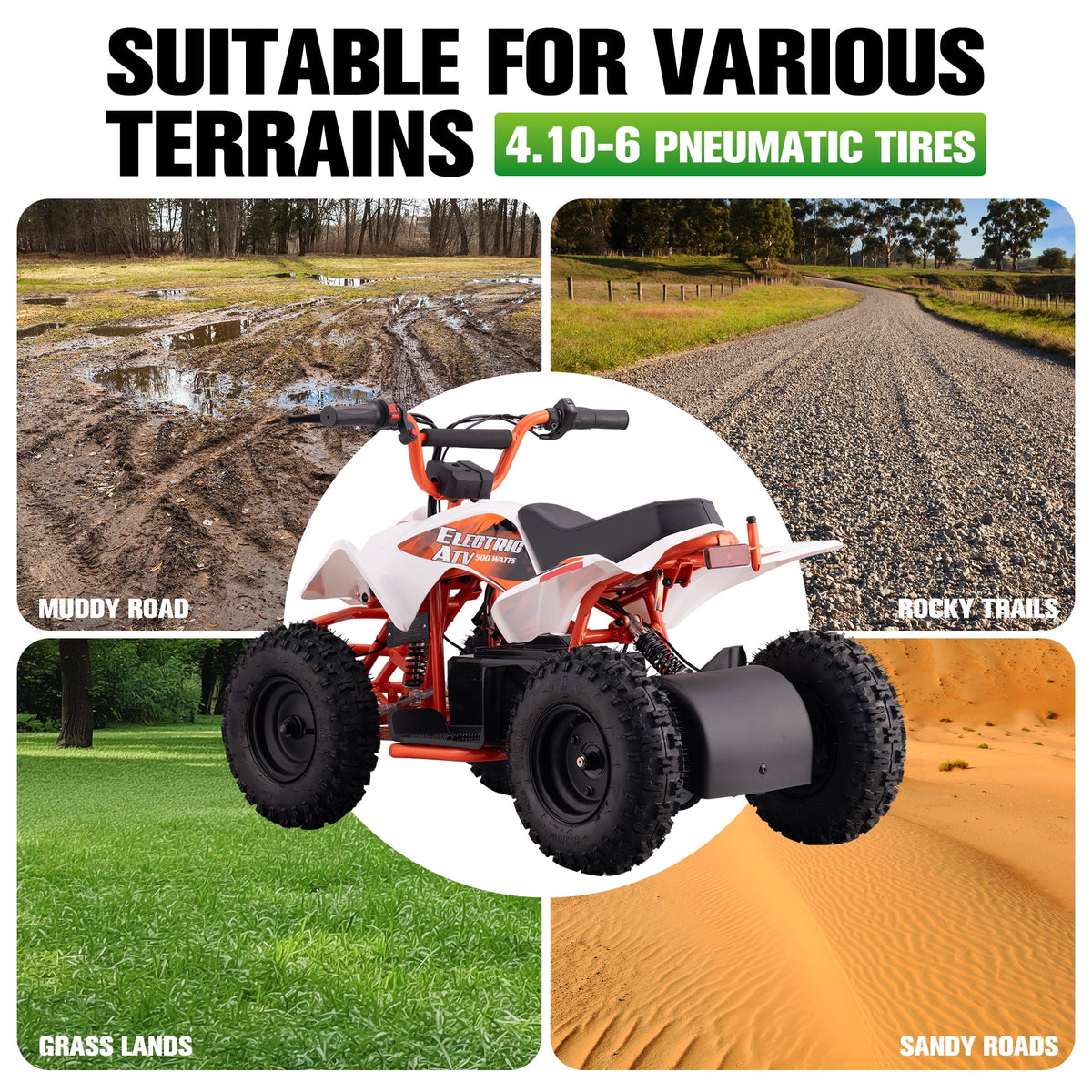 IVFJFV Electric Four Wheeler Vehicle with Dual Speed Adjustment, 15 MPH MAX Speed,4 Wheeler Front & Rear Shock Absorbers, All-Terrain Pneumatic Tires, Safety Disc Brake & Warning Flag,ORANGE