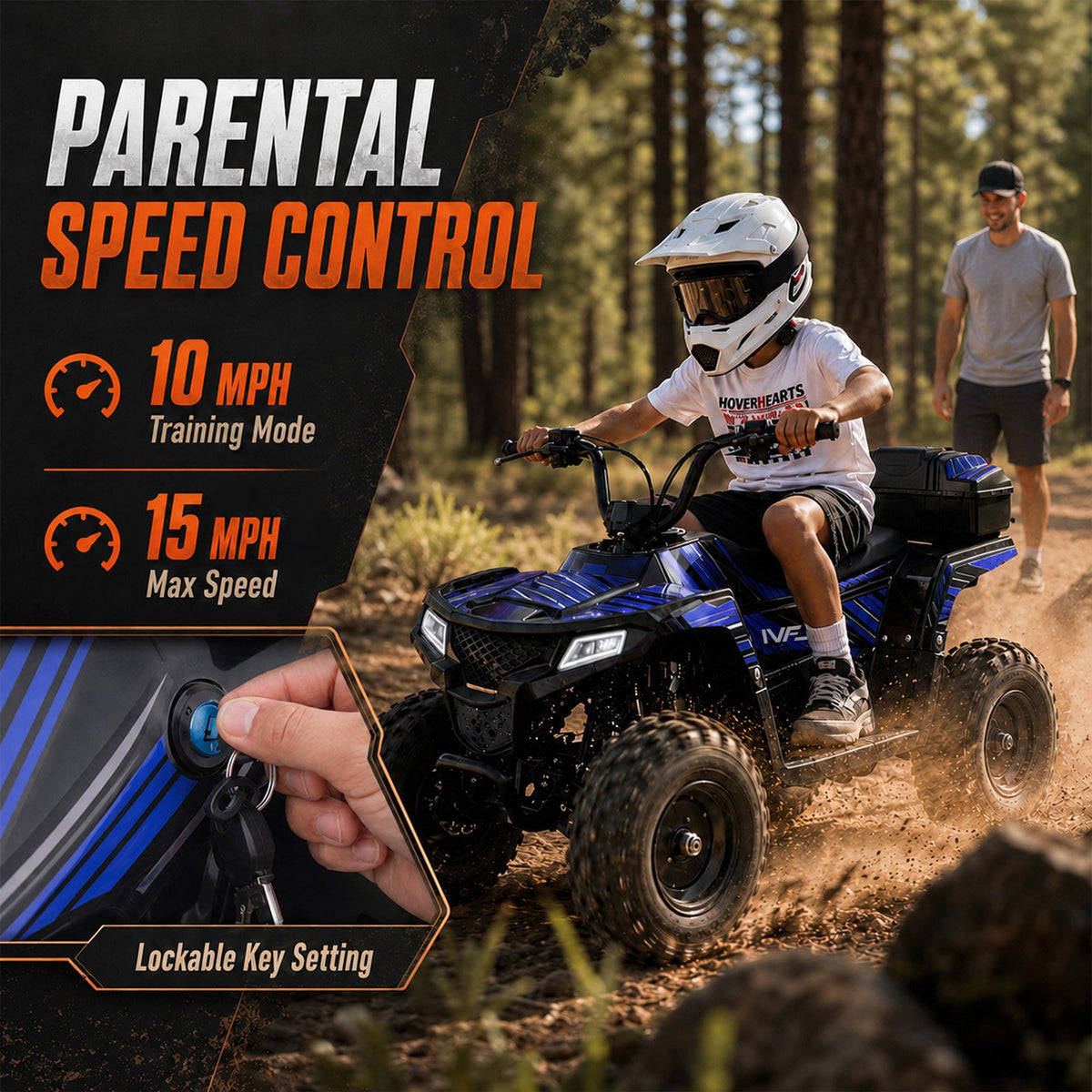 IVFJFV 40cc 4-Stroke 4-Wheeler,Dual-Speed Off-Road Car Gas Four-Wheeler,Gas Powered 4 Wheel with Key Lock & Parent Limited Speed 10-15MPH & Dual Shocks & All-terrain Tire,Chain Drive,Blue