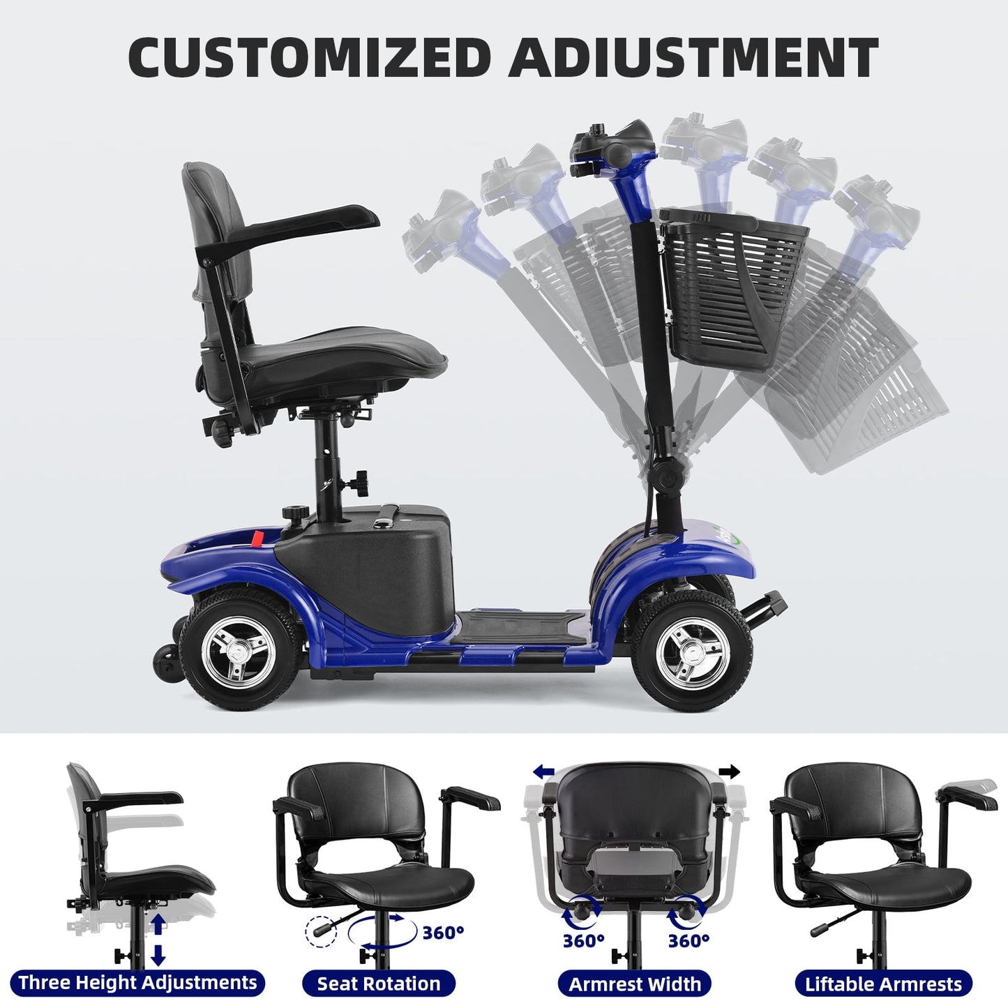 Arshin Mobility Scooters for Seniors,4 Wheels Mobility Scooters Lightweight and Portable,180W 24V Motor,Suitable for Travel,Adults,Elderly(Blue)