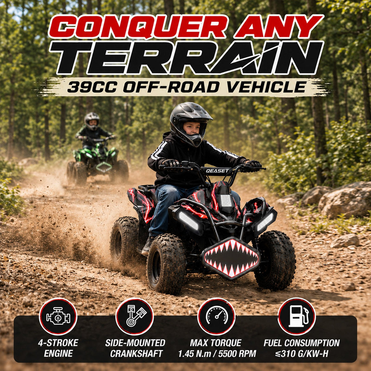 39cc Teen Gas ATV, Gas Powered 4 Wheeler for Teens 16+, 4-Stroke Beginner ATV, Up to 15 MPH, Adjustable Speed, Safety Switches, Front & Rear Brake - Red