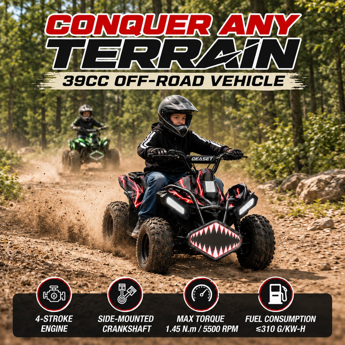 QEASET A01 39cc Kid Gas ATV, Gas Powered 4 Wheeler for Kid 6+, 4-Stroke Beginner ATV, Up to 15 MPH, Adjustable Speed, Safety Switches, Front & Rear Brakes - Red