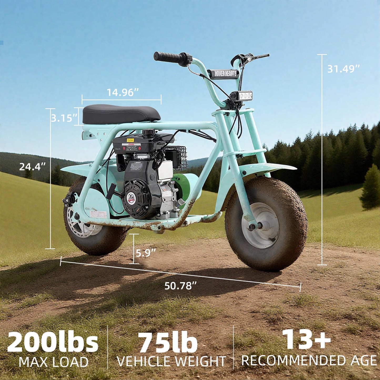 Aoemoe MB001 Gas Powered Mini Dirt Bike 99CC for Teens and Adults, 22MPH Off Road Motorcycle, Weight Support Up to 200 LBS - Teal