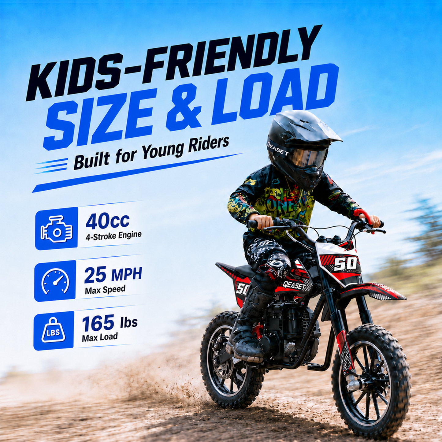 QEASET Mini Gas Powered Ride-On Motorcycle, 39CC 4-Stroke Engine with Disc Brakes, 20 MPH Top Speed, 6.3" Ground Clearance, Supports Up to 165 lbs, Minimal Assembly, Red