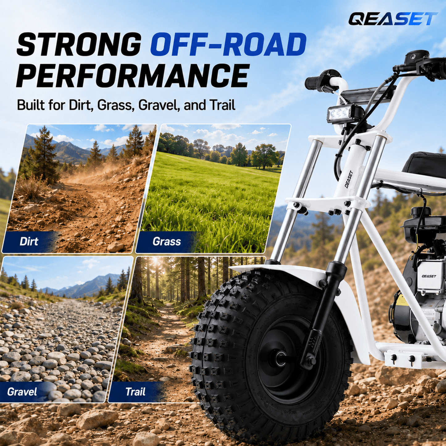 QEASET 105CC 4-Stroke Mini Bike with Shock Absorption, Off-Road Motorcycle, White