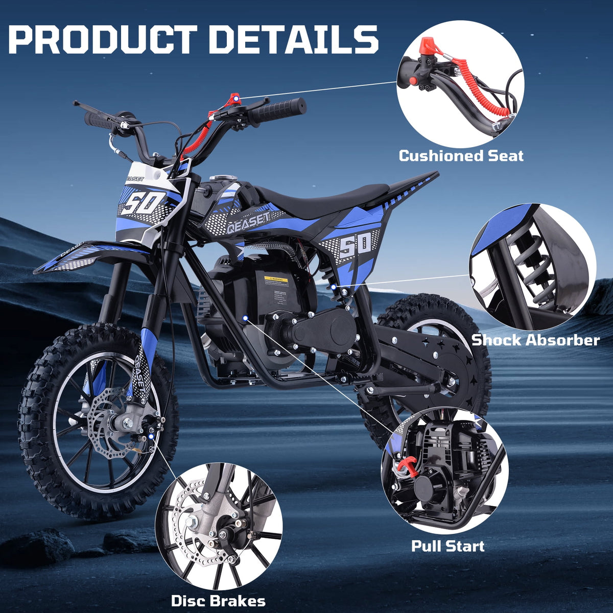 QEASET 49CC 4-Stroke Gas Powered Dirt Bike for Adults & Teens, off Road Tire, Pull Start