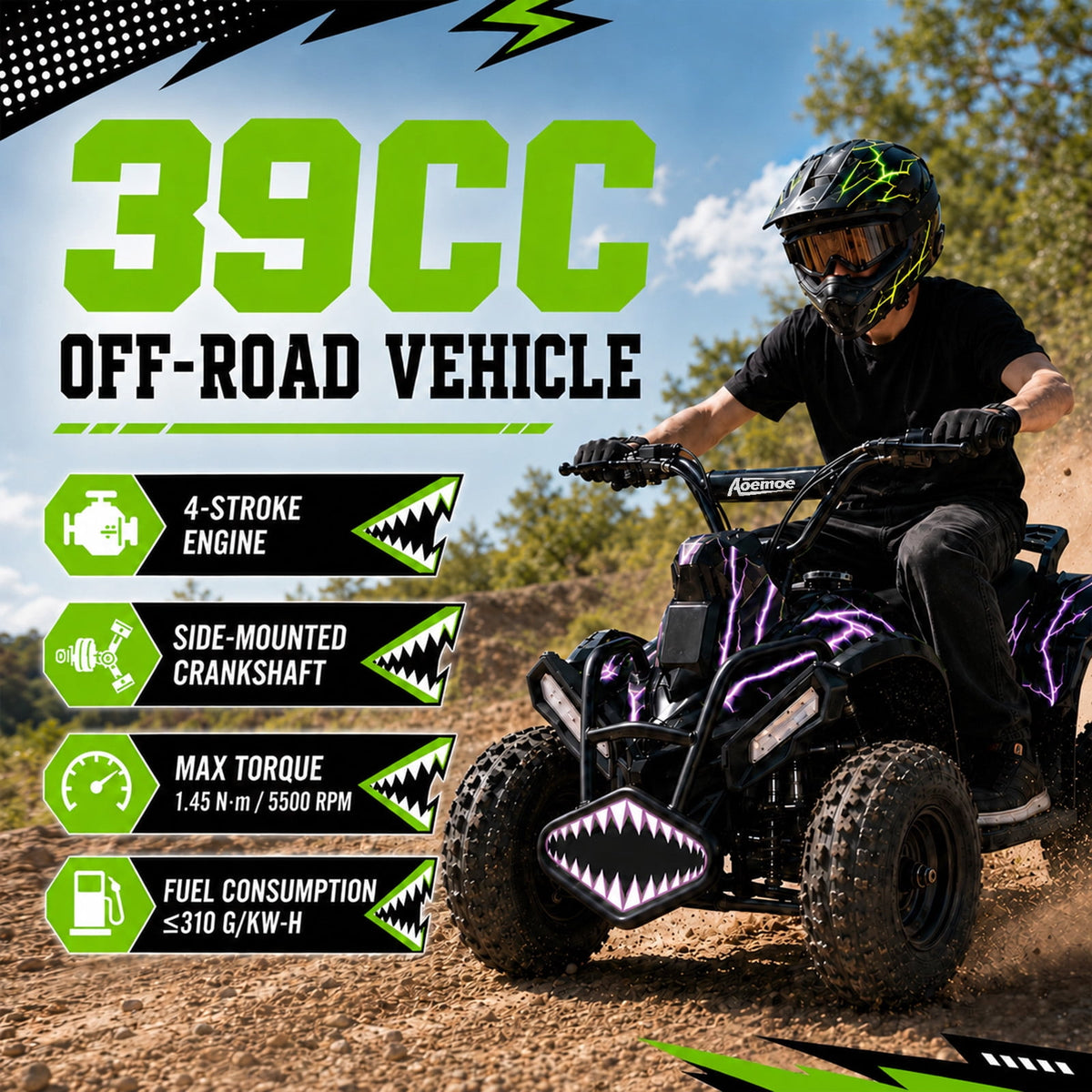 40cc Teen Gas ATV, Gas Powered 4 Wheeler for Teens 13+, 4-Stroke Beginner ATV, Up to 15 MPH, Adjustable Speed, Safety Switches, Front & Rear Brakes - Purple