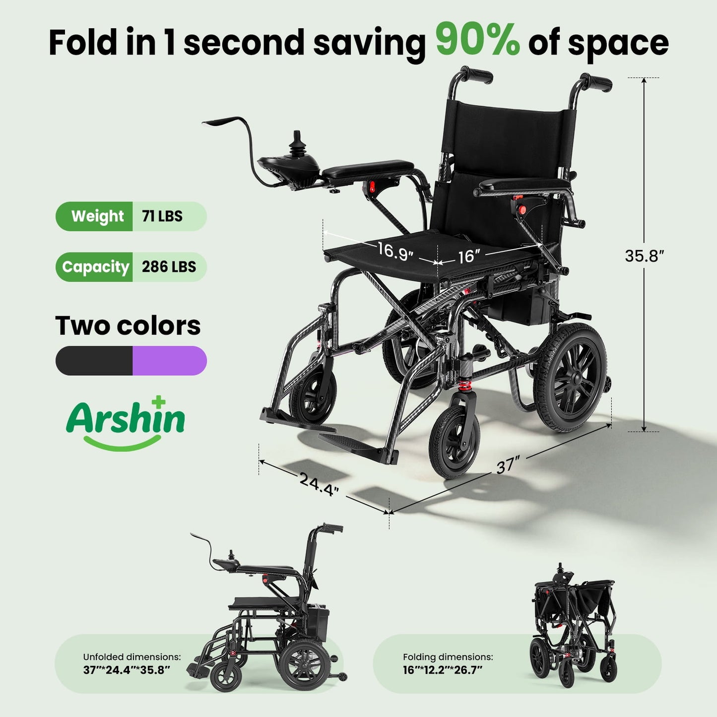 Arshin Electric Wheelchair Lightweight Foldable,20+ Miles Electric Wheelchairs for Adults,360°Joystick Motorized Wheelchair,286+ lbs Capacity,Black