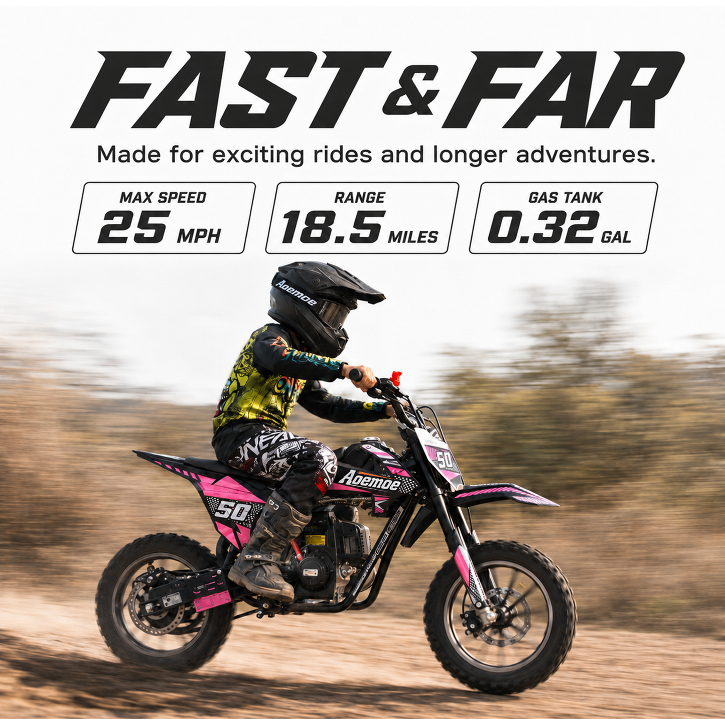 Aoemoe 39cc motor bike, 20mph gas dirt bikes for boys 8 12, Disc Brakes, Max Load 165Lbs, kids dirt bike, Pink