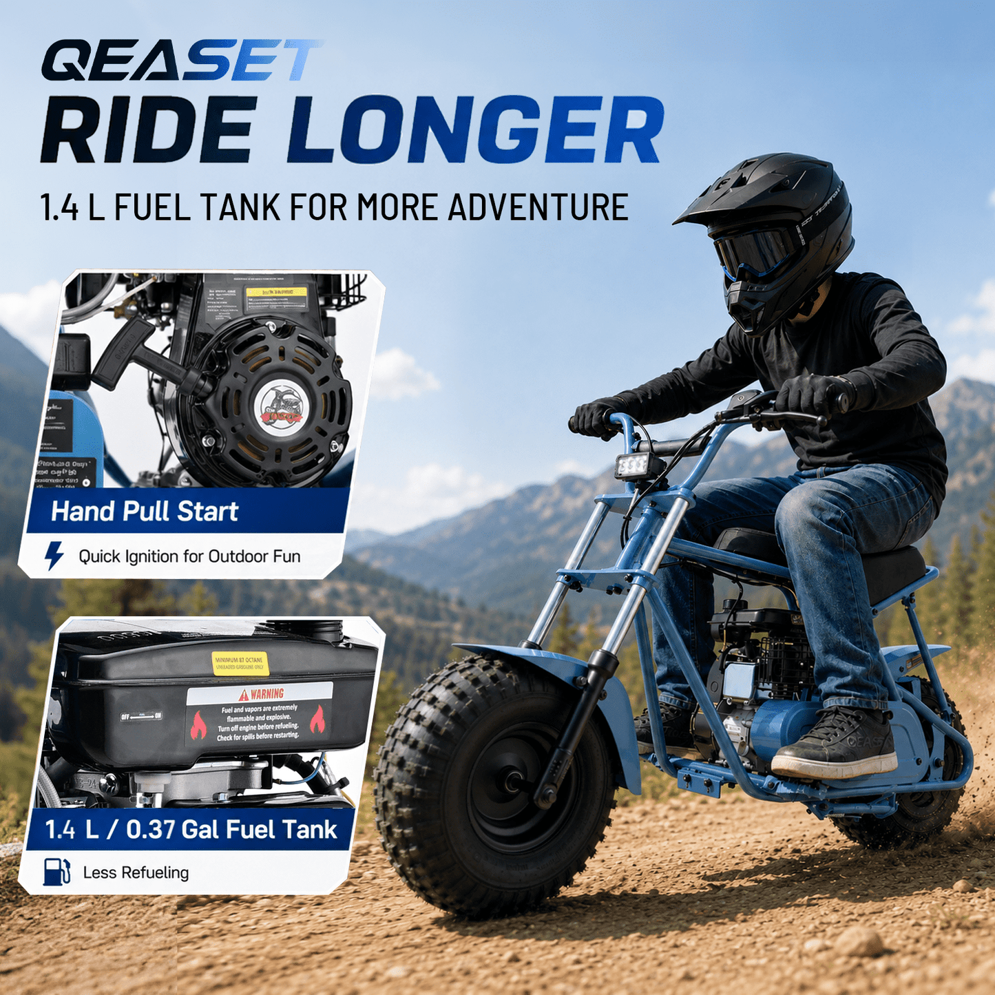 QEASET 105CC 4-Stroke Mini Bike with Shock Absorption, Off-Road Motorcycle, Blue