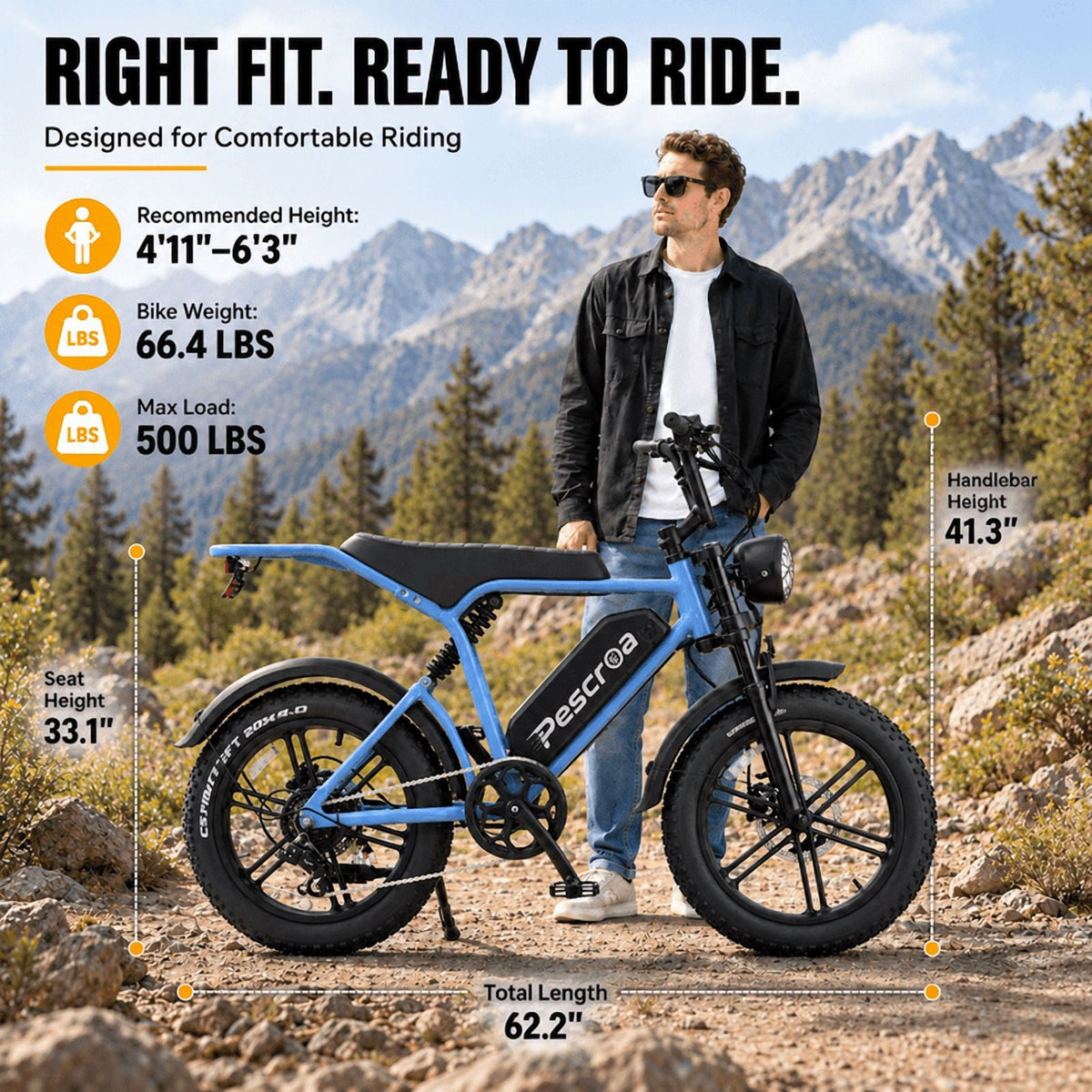 750W Motor Ebike for Adult, Pescroa Electric Bike for Adult, 28MPH, Adult Electric Bicycles with 130Miles Range APP Control, 2Pack 48V 15Ah Removable Battery Electric Bike with 500LBS Max Weight
