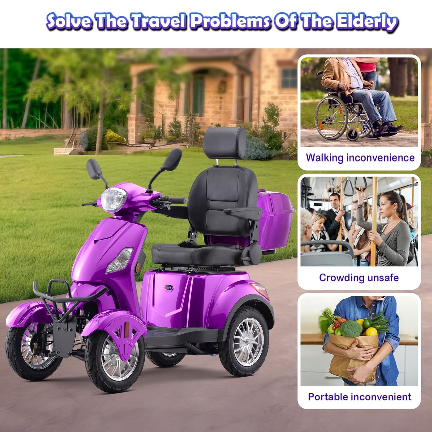 Aoemoe Electric Heavy Duty Mobility Scooters, Large 3-Wheels Wheelchair Device, 500 LBS Capacity for Seniors & Adults, Speed Adjust, Remote Key, Ship Fully Assembled and Ready to Ride (Purple)