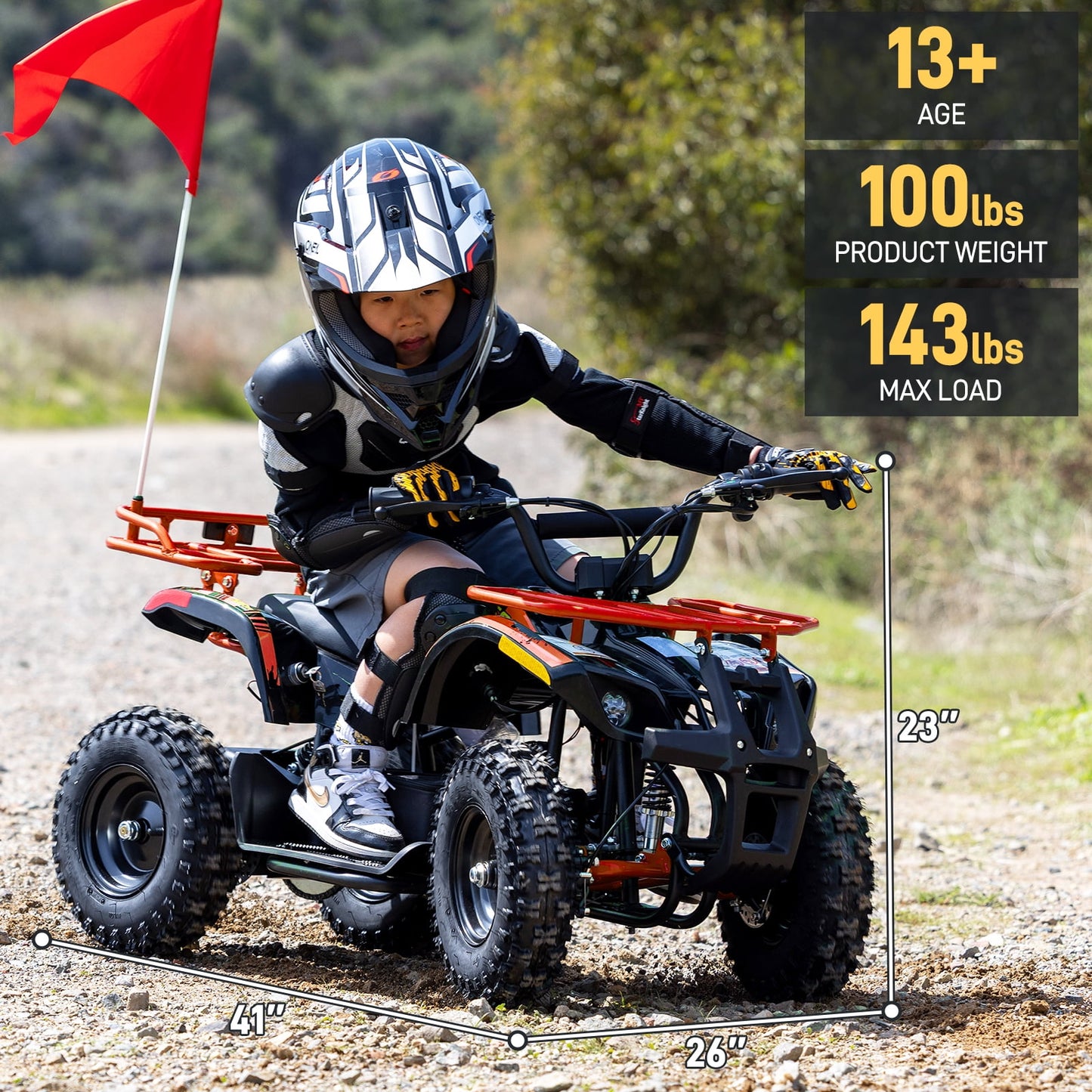 36V Electric 500W Motor 4‑Wheeler with Dual Shock Absorber Suspension, IVFJFV 4‑wheel Off‑Road Tires & Anti‑Collision Safety Flag for Age 8‑14 for Backyard Leisure & Rough Ground Trips,Orange