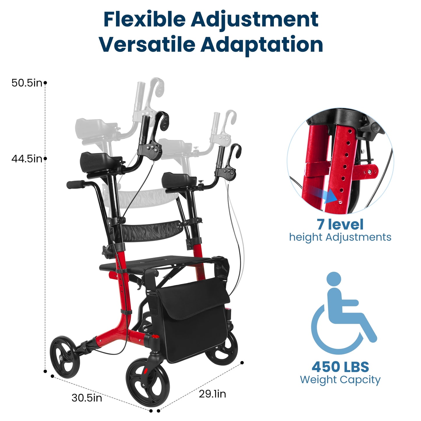 Aoemoe 2-in-1 Rollator Transport Chair, 450 lb Heavy-Duty, 19.8 lb Lightweight Folding Walker-Wheelchair Combo, Dual Brakes & Storage Bag, Red