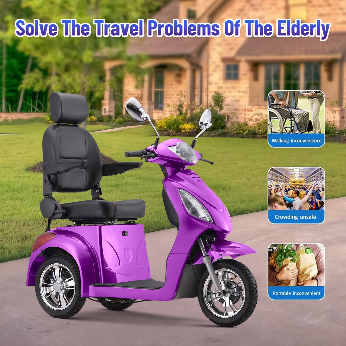 Arshin Heavy Duty 3 Wheel Mobility Scooters for Seniors & Adults 500lbs Capacity,31 Miles Long Travel Range
