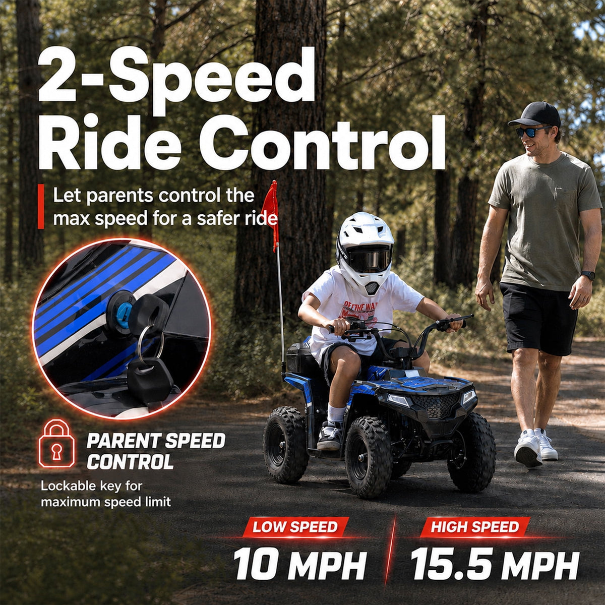 Aoemoe 40cc 4-Stroke Youth Ride-On for Ages 13+, Fuel Powered Pull Start with Front & Rear Disc Brakes, Adjustable Top Speed Up to 15 MPH, Safety Flag & Parental Speed Control, Blue
