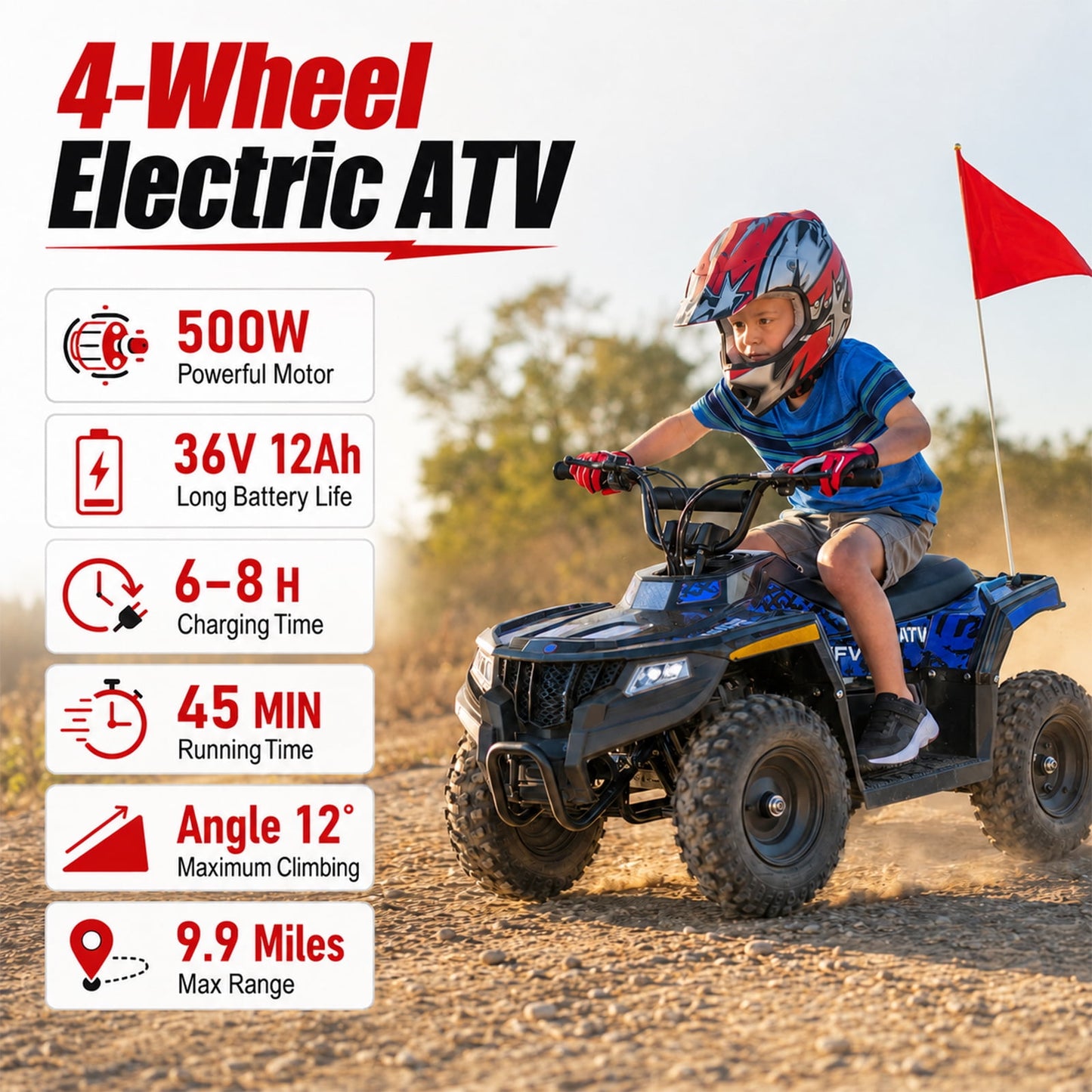 36V Electric Four Wheeler,IVFJFV 500W Four Wheel with Disc Brake Off-Road Ride On Vehicle, Dual Speed Lock &Dual Speed 10mph Low /15mph High All Terrain Ride On Vehicle for Teen Riders,BLUE
