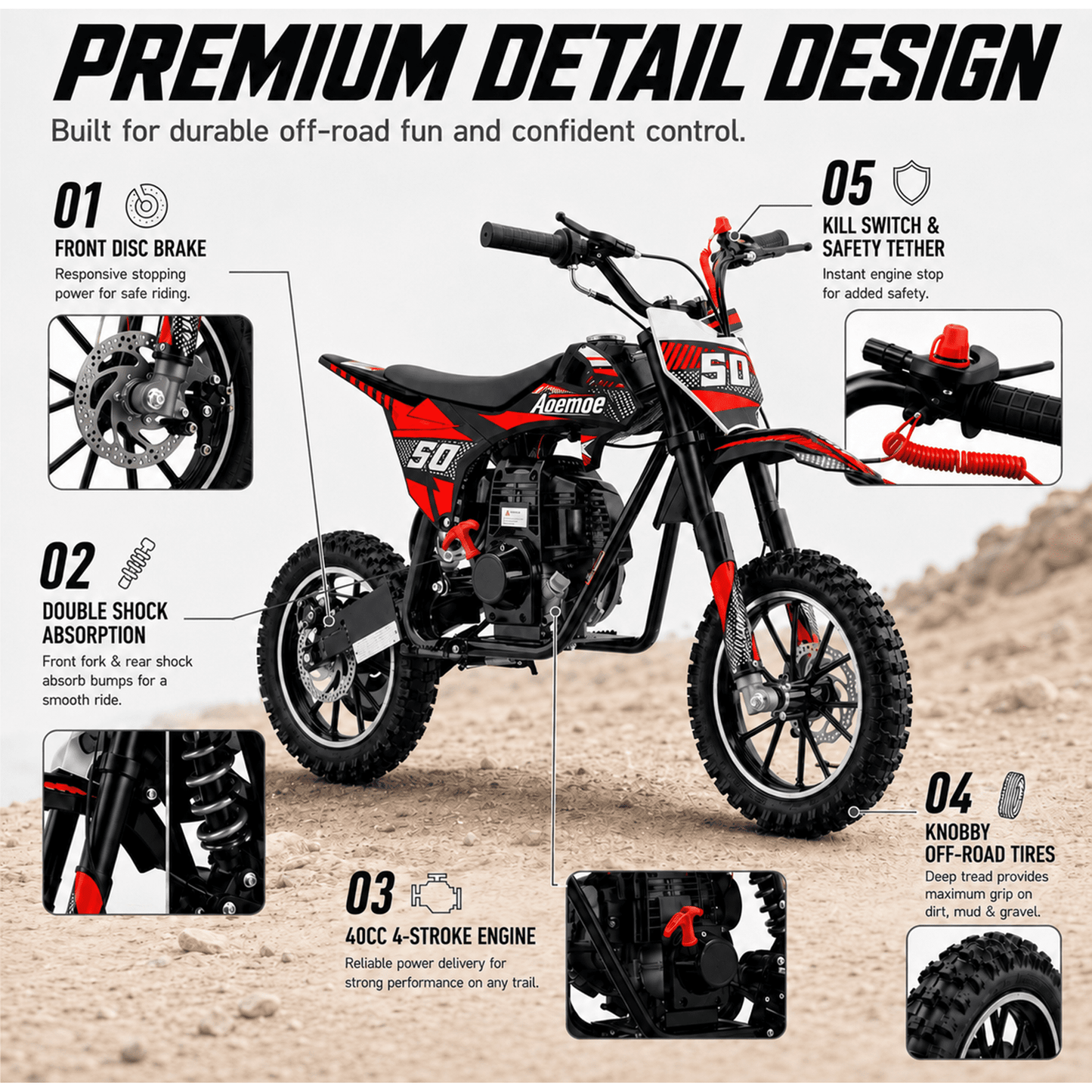 Aoemoe 39cc motor bike, 20mph gas dirt bikes for boys 8 12, Disc Brakes, Max Load 165Lbs, kids dirt bike, Red