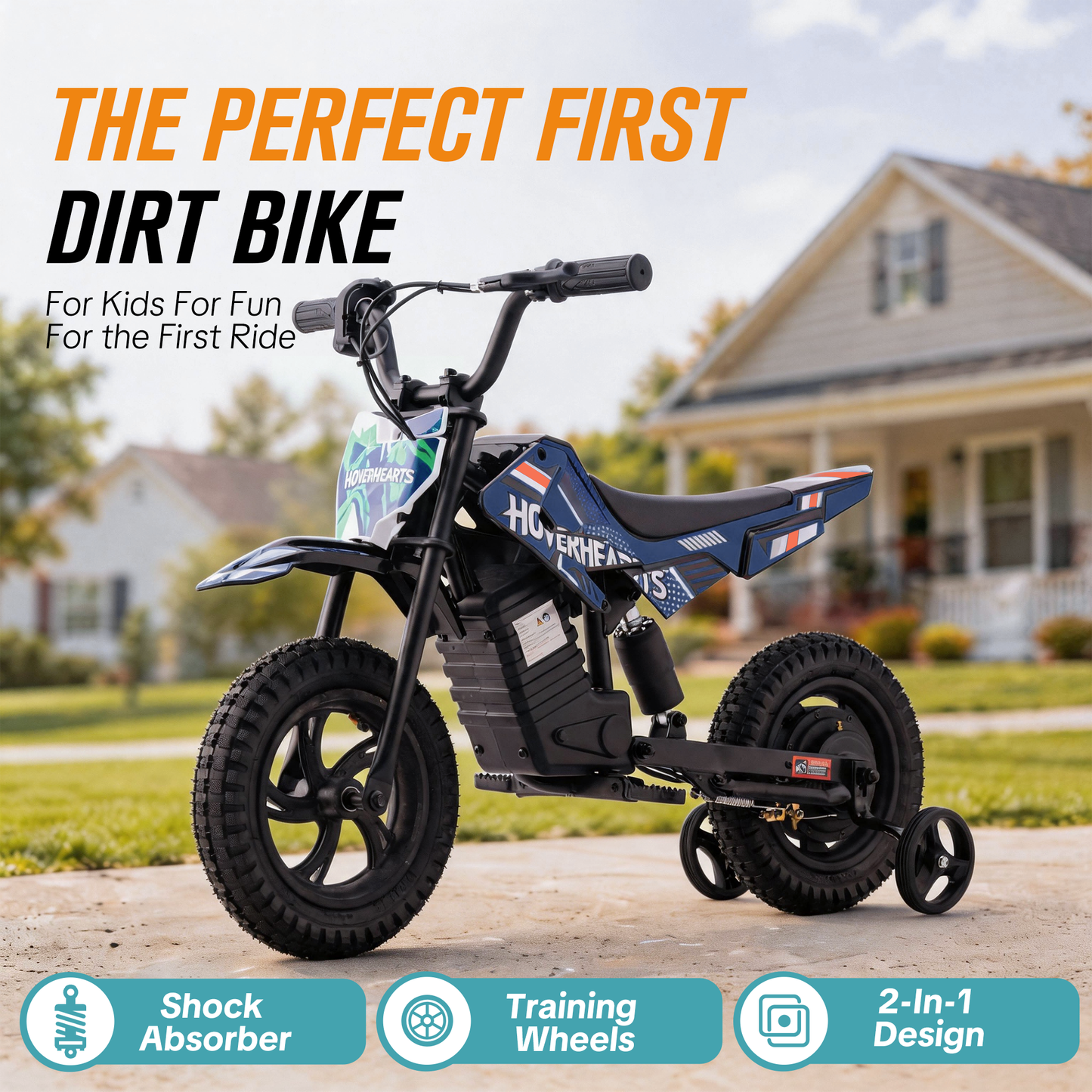 QEASET Dirt Rocket - Blue with Decals, up to 6.21 mph, 24V Electric Dirt Bike for Child 8+