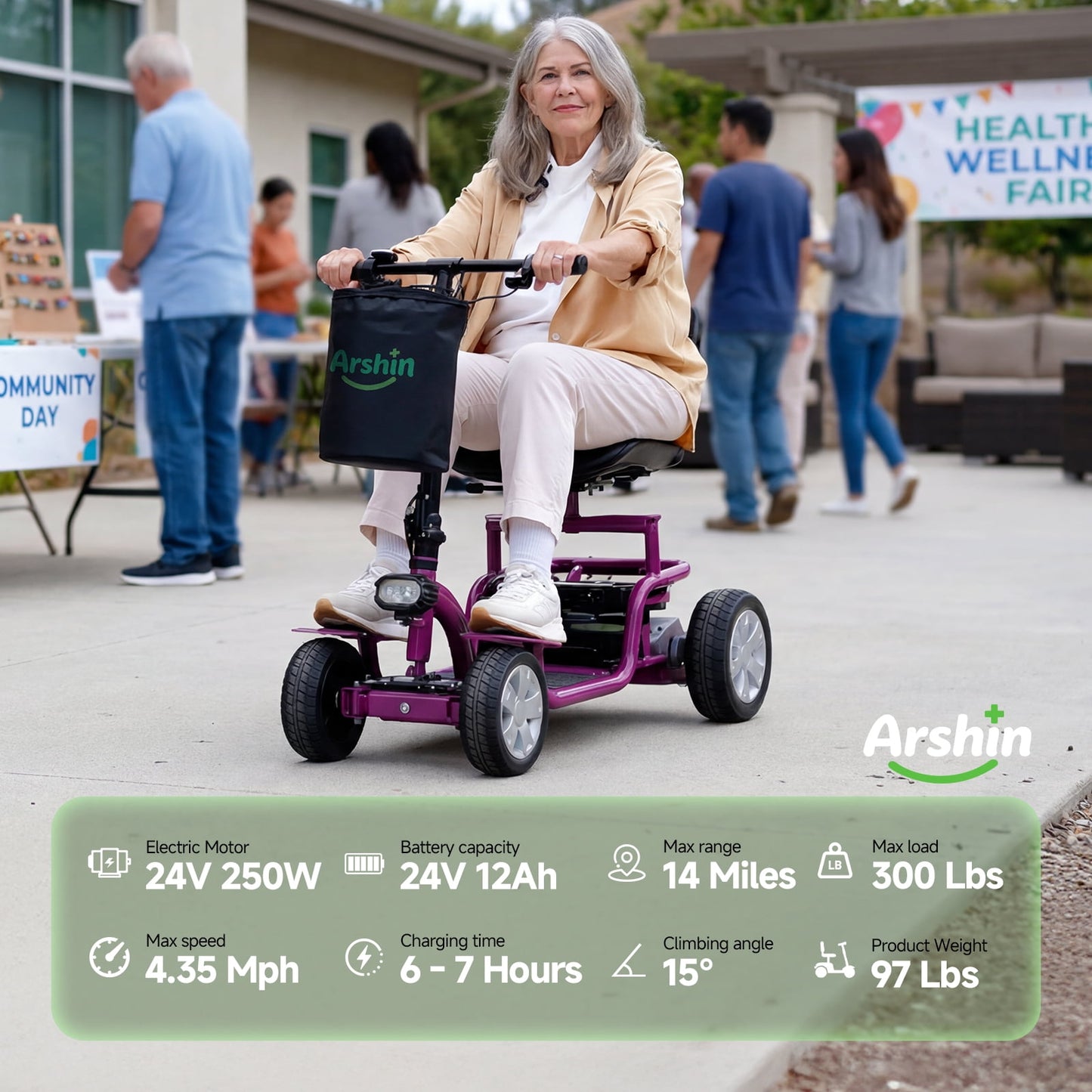 Arshin Mobility Scooter for Seniors & Adults,24V 250W Lightweight Foldable,300 lbs Capacity,Adjustable Speed(Purple)
