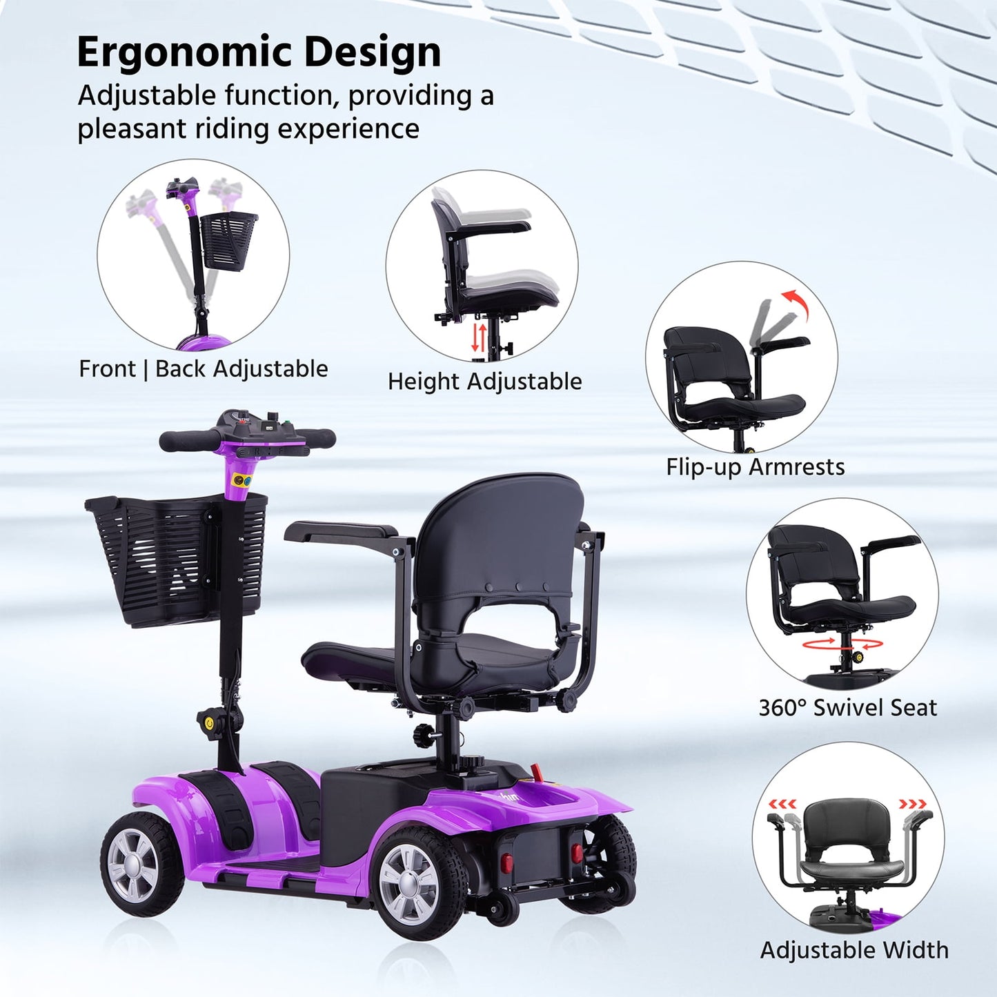 Upgrade 4 Wheels Mobility Scooters for Seniors & Adult,Foldable Electric Wheelchair for Adult,All Terrain Motorized Scooters with 300 LBS,Long Travel Range,Basket,Rotating Seat,Purple