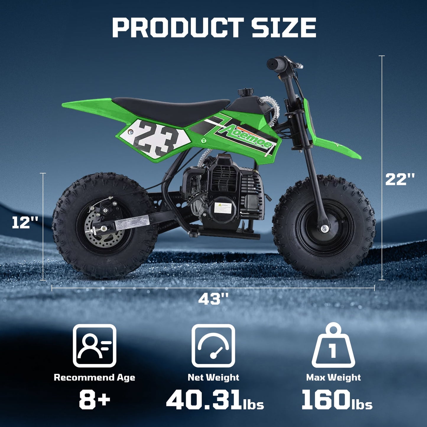Aoemoe 49cc Kids Dirt Bike Gas Powered, Mini Off-Road Motorcycle with Suspension & Disc Brakes, 18 Mph, 160 Lbs Capacity, Green