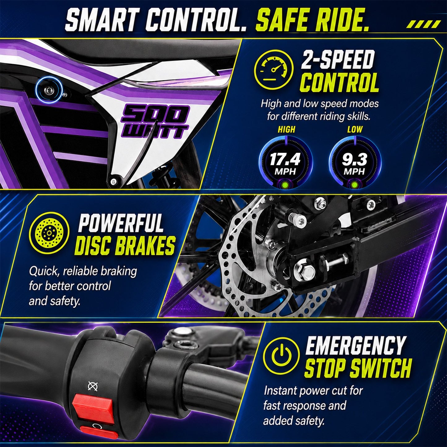 IVFJFV 500W Electric Dirt Bike for Kids,Up to 17.4MPH & 23.6 Miles,Two Speed Modes, Front & Rear Suspension,Mechanical Disc Brakes, 165 LBS,Beginner-Friendly Handle, All-Terrain,PURPLE