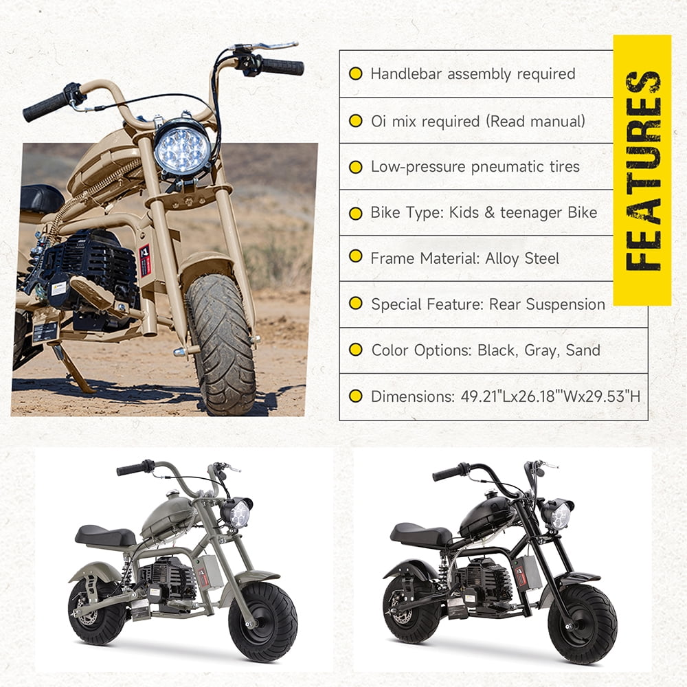 Aoemoe 49cc Gas Mini Chopper for Teens & Adults, Dirt Bike with Headlight, Rear Shock, Disc Brakes, 20MPH, Sand