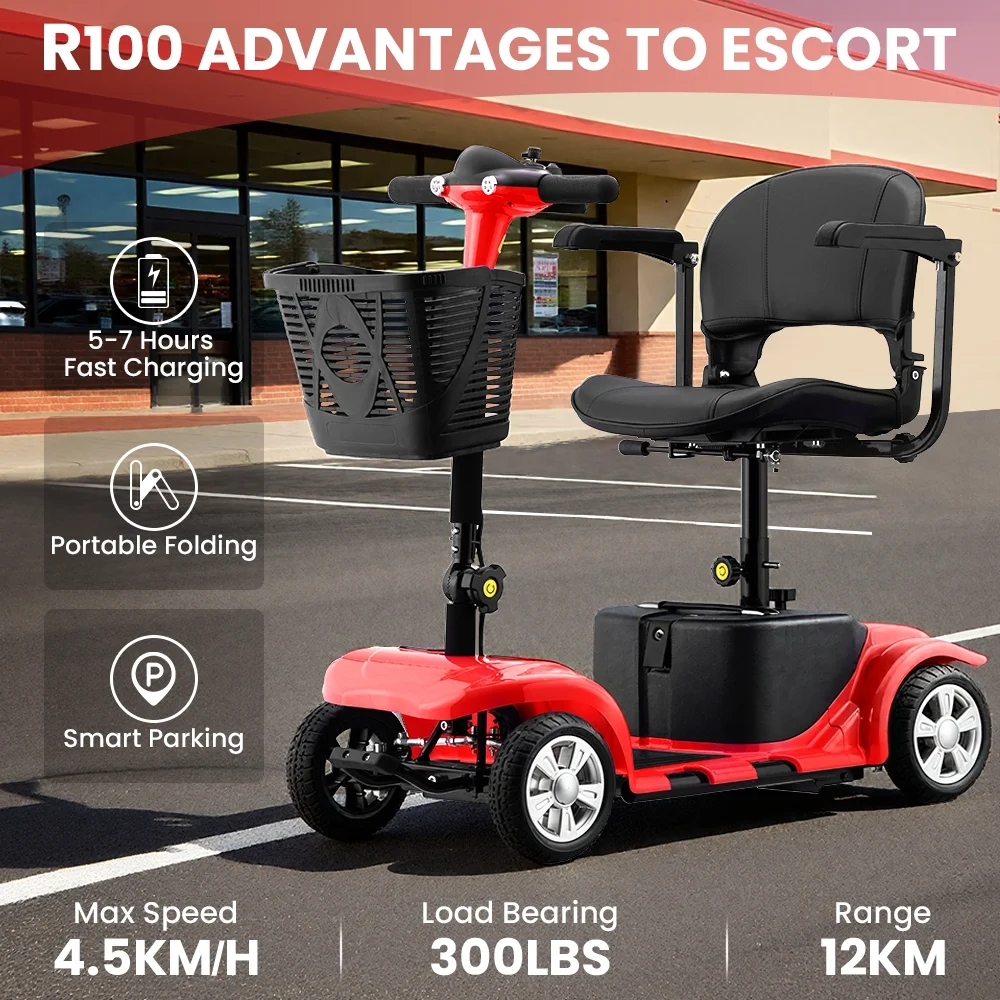 4 Wheel Mobility Scooter for Seniors, Foldable Powered Mobile Wheelchair for Adult 300lbs, Red