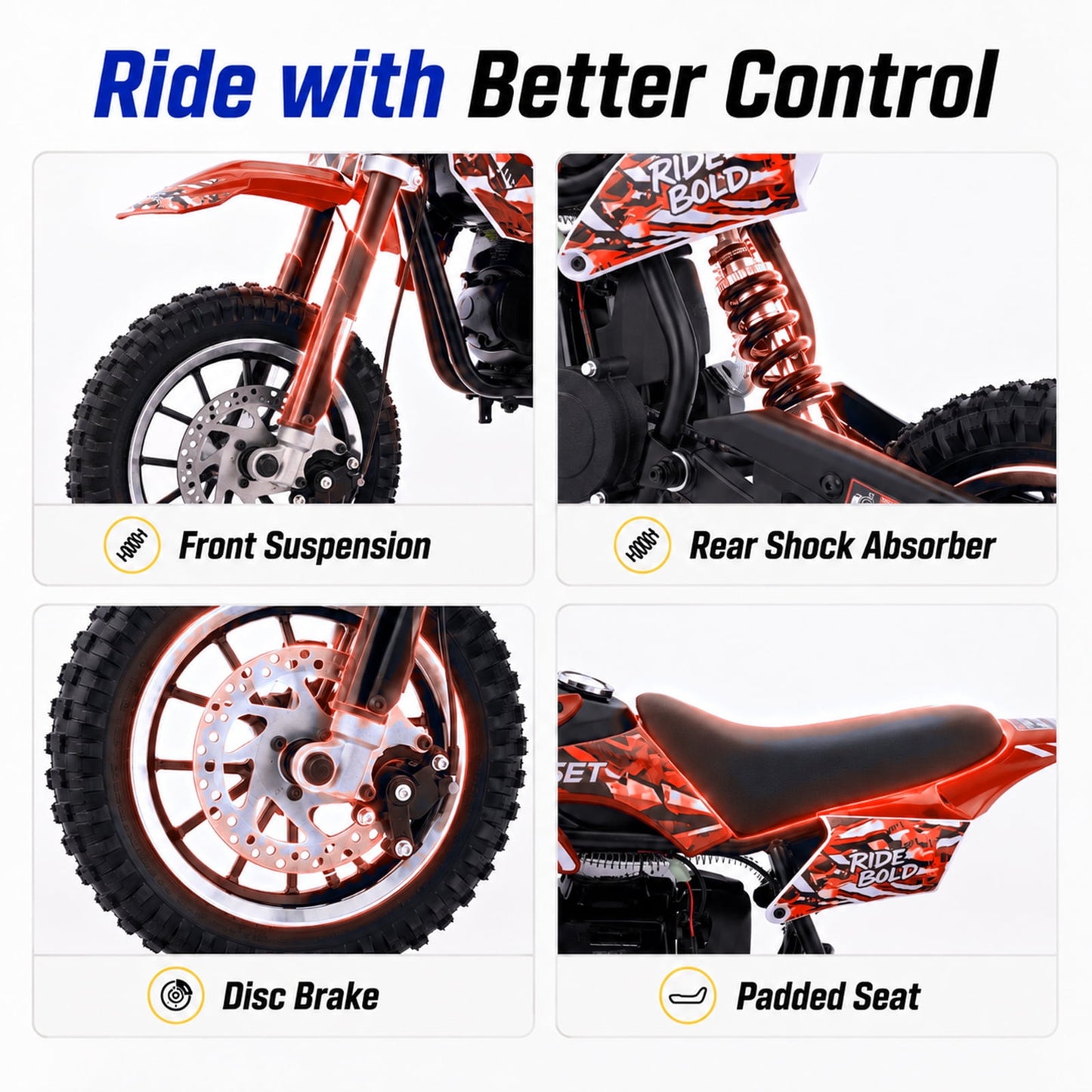 QEASET Mini Bicycles Ride-On Toy, 39cc 4-Stroke Gas Powered Off-Road Motorcycle with Rear Suspension & Disc Brakes, 18 MPH Top Speed, Supports Up to 165 lbs, Red