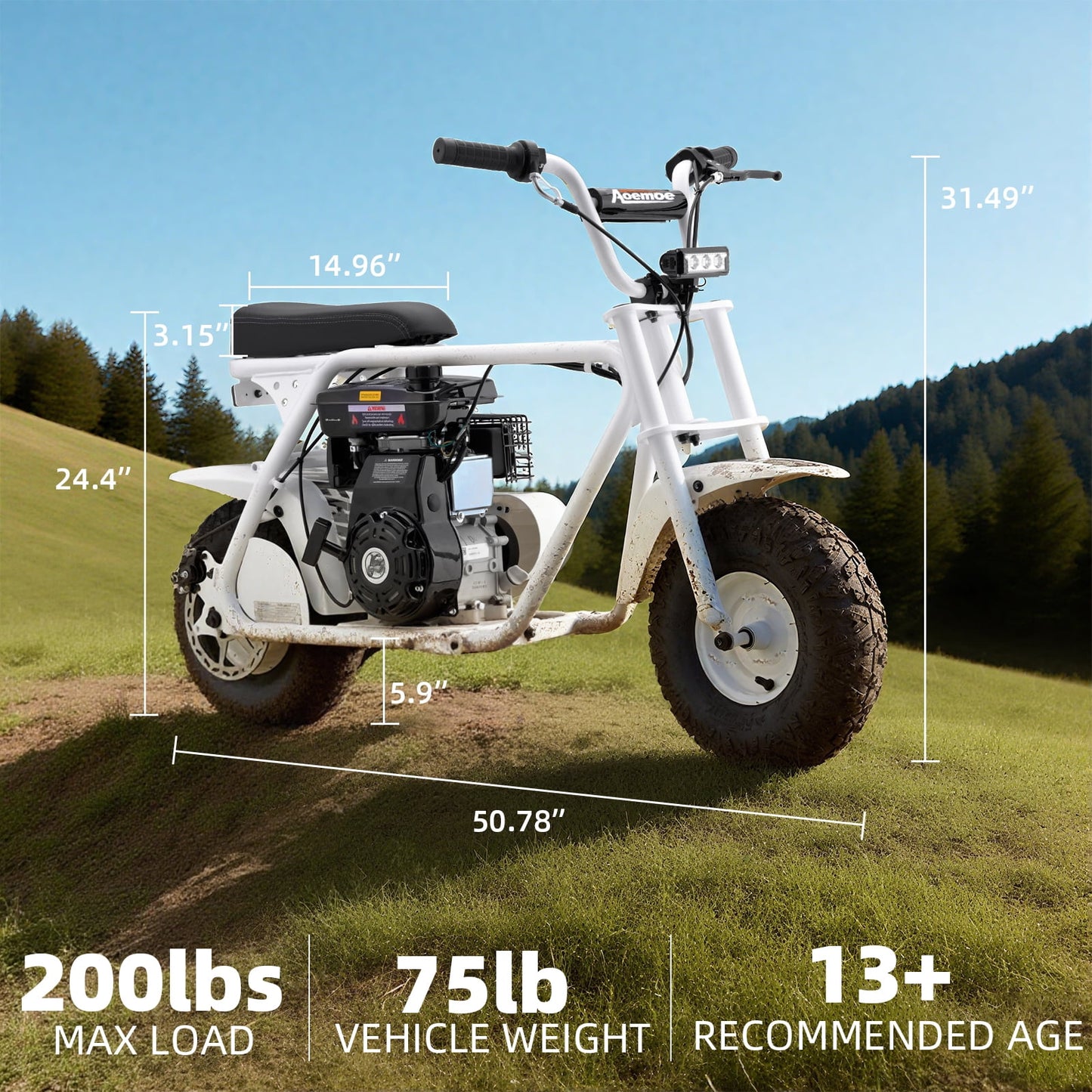 Mini Bike, Gas Dirt Bike, Minibike, Gas Powered Mini Bikes for Adults, 99cc-4 Stroke Pit Bikes with Led, Dirtbike Max Load 200 Lbs, Speed 34.5 KM/H, Perfect Gift