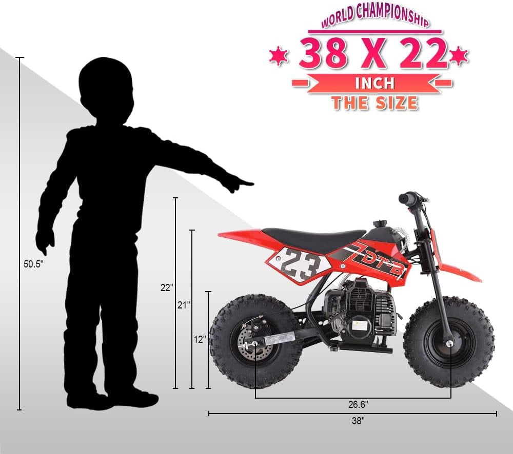 Aoemoe Mini Kid Dirt Bike, 49 CC 2-Stroke Gas Bike with Off-Rode Tire, Suspensions, Disc Brakes, Max Load 160Lbs, Up to 20Mph, EPA Approved