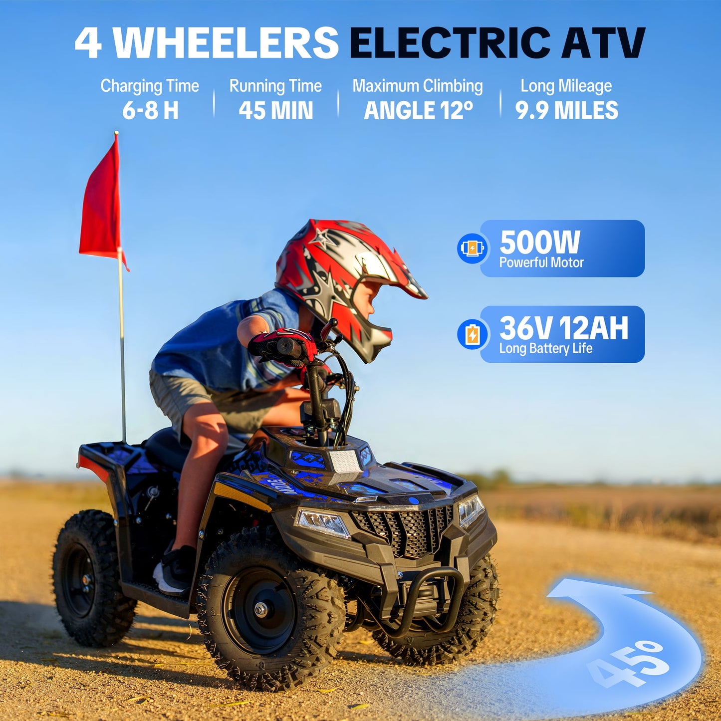 IVFJFV 36V 500W Electric Four Wheeler Off-Road Ride On,Dual Speed 10/15MPH,Dual Shock Absorbers,Disc Brake,LED Headlight,Max Load 143LBS, Safety Flag & Emergency Stop Switch,BLUE
