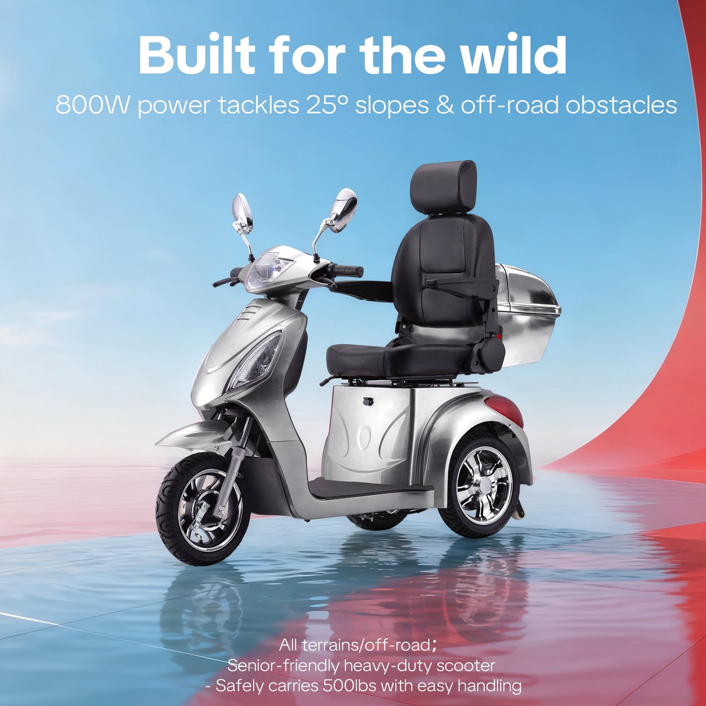 Arshin Heavy Duty 3-Wheel Mobility Scooter for Seniors & Adults–800W Motor,25-31 Mile Range,15 MPH,500 lbs Capacity,Zero Assembly Required,All-Terrain Tires(Silver)