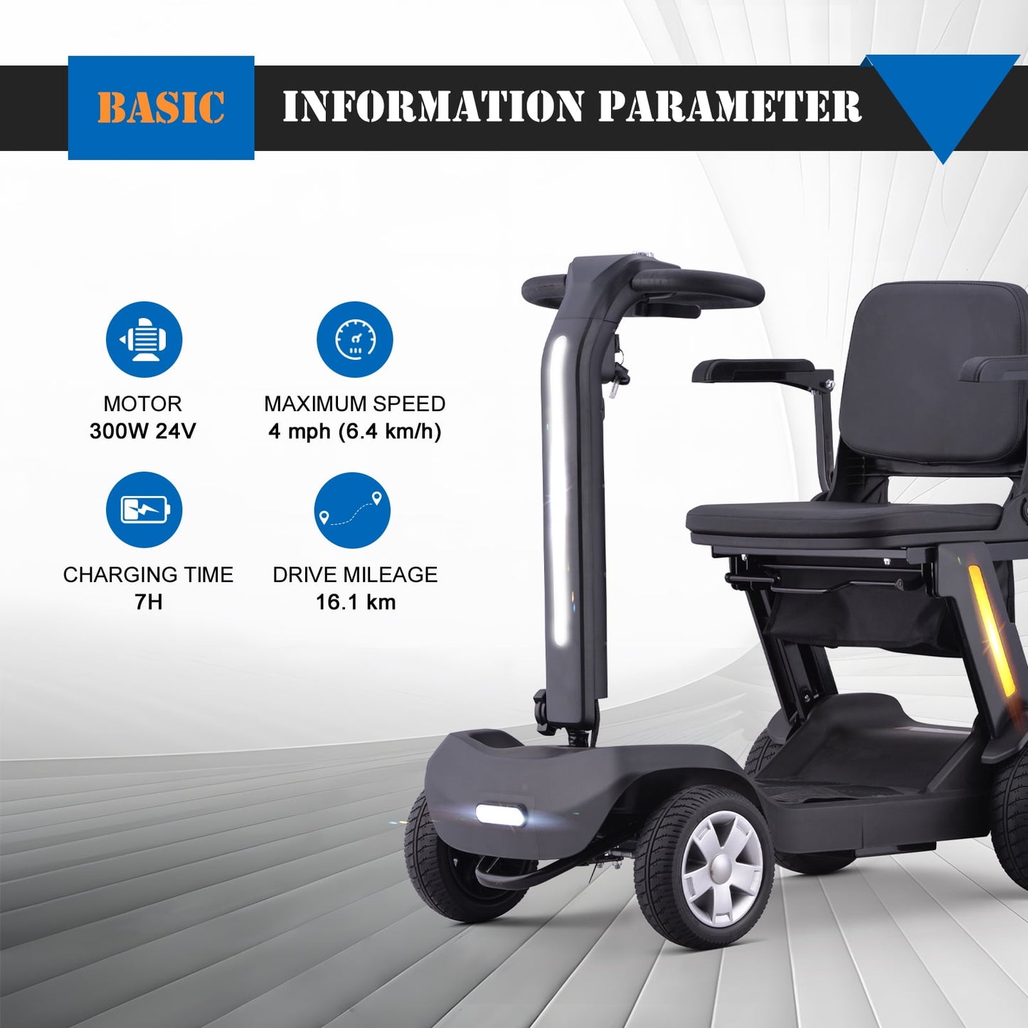 SKRT Foldable Mobility Scooter for Adults & Senior, 4 Wheels Powered Device for Travel, Lightweight and Portable, with LED Strip Light, Storage Bag, Charger Included, No Assemble required