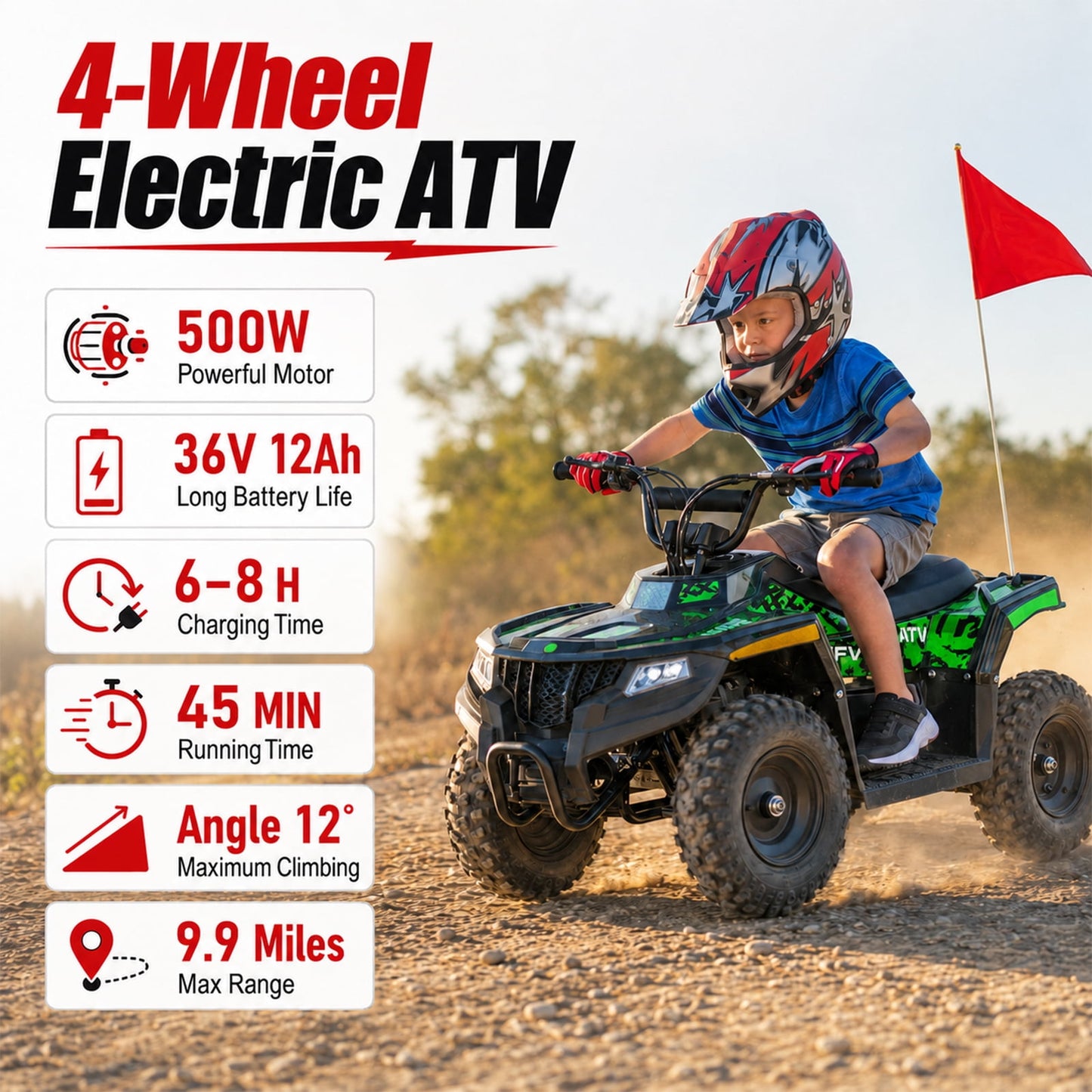 36V Electric Four Wheeler,IVFJFV 500W Four Wheel with Disc Brake Off-Road Ride On Vehicle, Dual Speed Lock &Dual Speed 10mph Low /15mph High All Terrain Ride On Vehicle for Teen Riders,GREEN