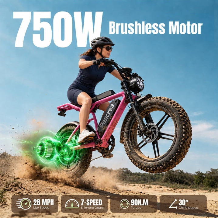 Pescroa E-Bikes for Adults, 750W Motor Electric Bike for Adults, 20" Fat Tire Electric Bike with 70-90 Miles, 7-Speed Electric Mountain Bike with APP Control