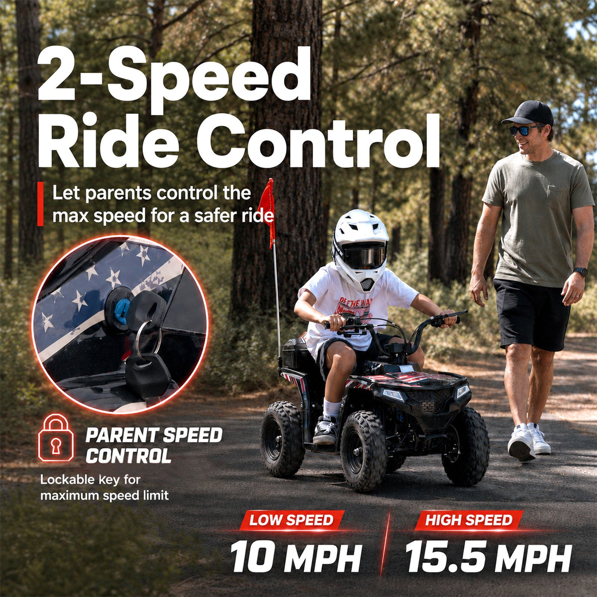 Aoemoe 40cc 4-Stroke Youth Ride-On for Ages 13+, Fuel Powered Pull Start with Front & Rear Disc Brakes, Adjustable Top Speed Up to 15 MPH, Safety Flag & Parental Speed Control, Flag